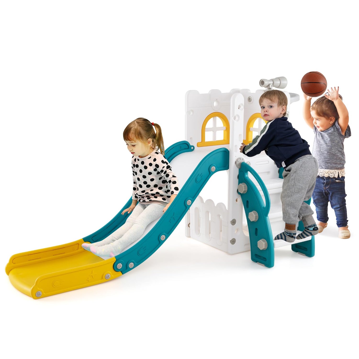 6 in 1 L-shaped Toddle Slide with Basketball Hoop and Telescope