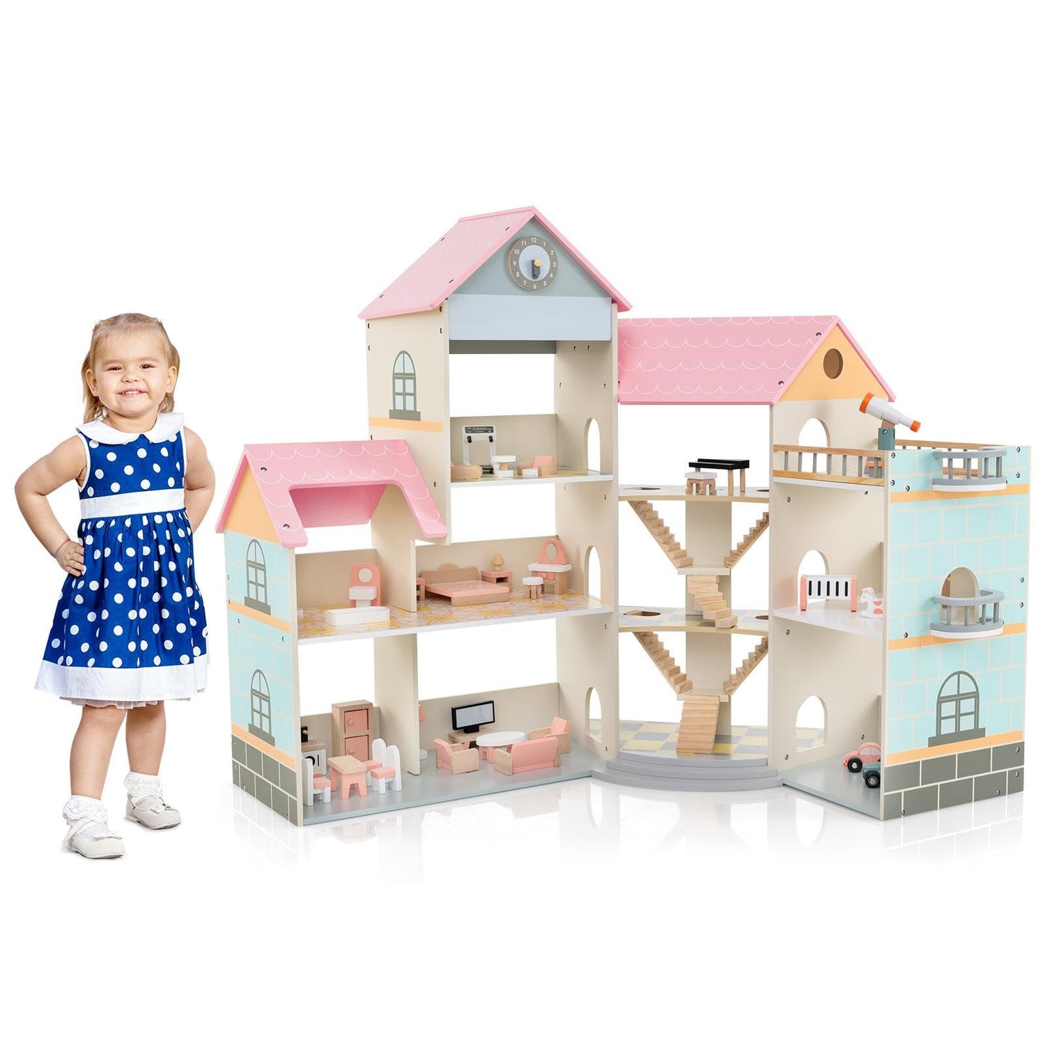 GYMAX Kids Dollhouse, 3-Storey Wooden Dolls House with 8 Rooms, Stairs, Balcony & 42pcs Furniture Accessories