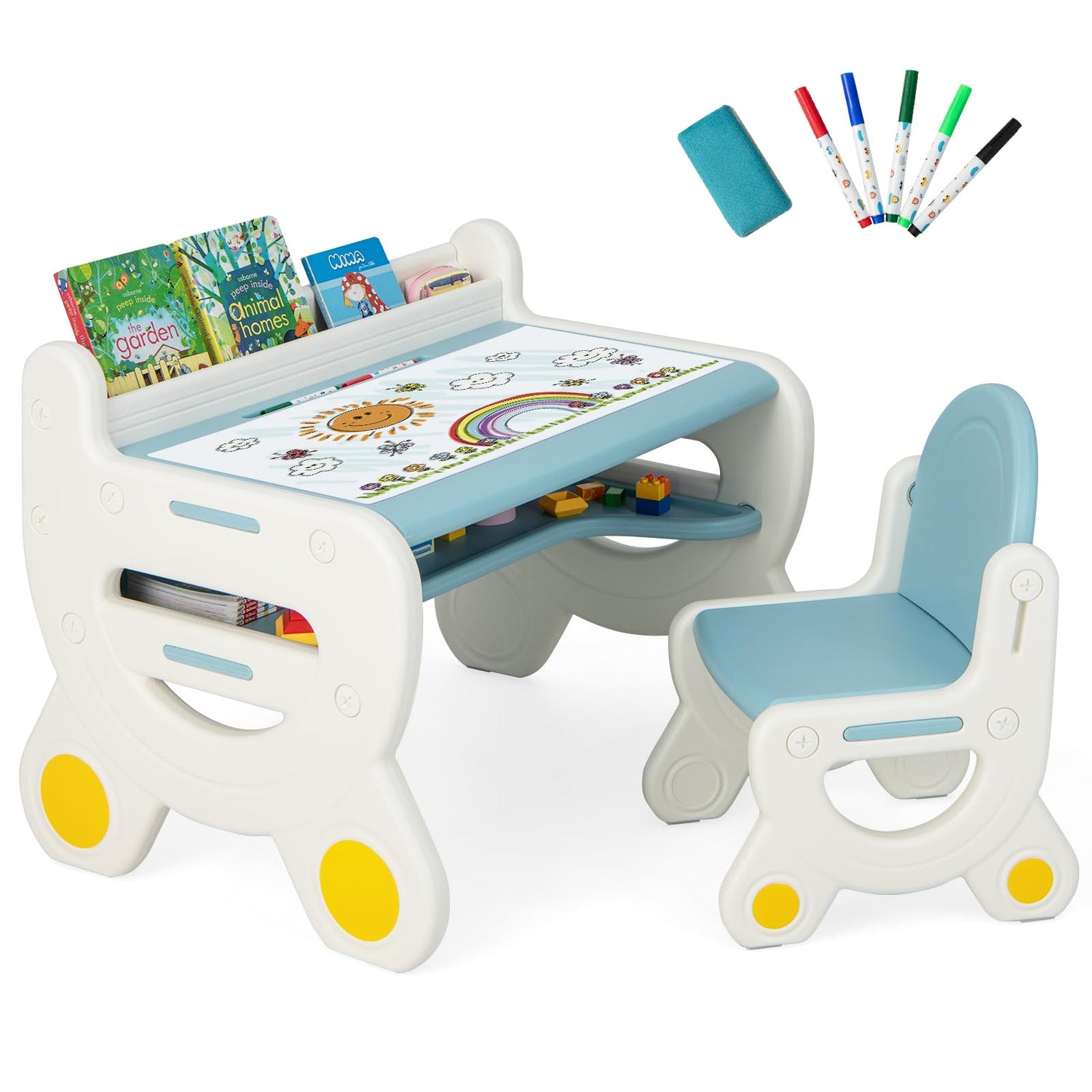 GYMAX Kids Table and Chair Set, Plastic Children Activity Table with Watercolor Pens