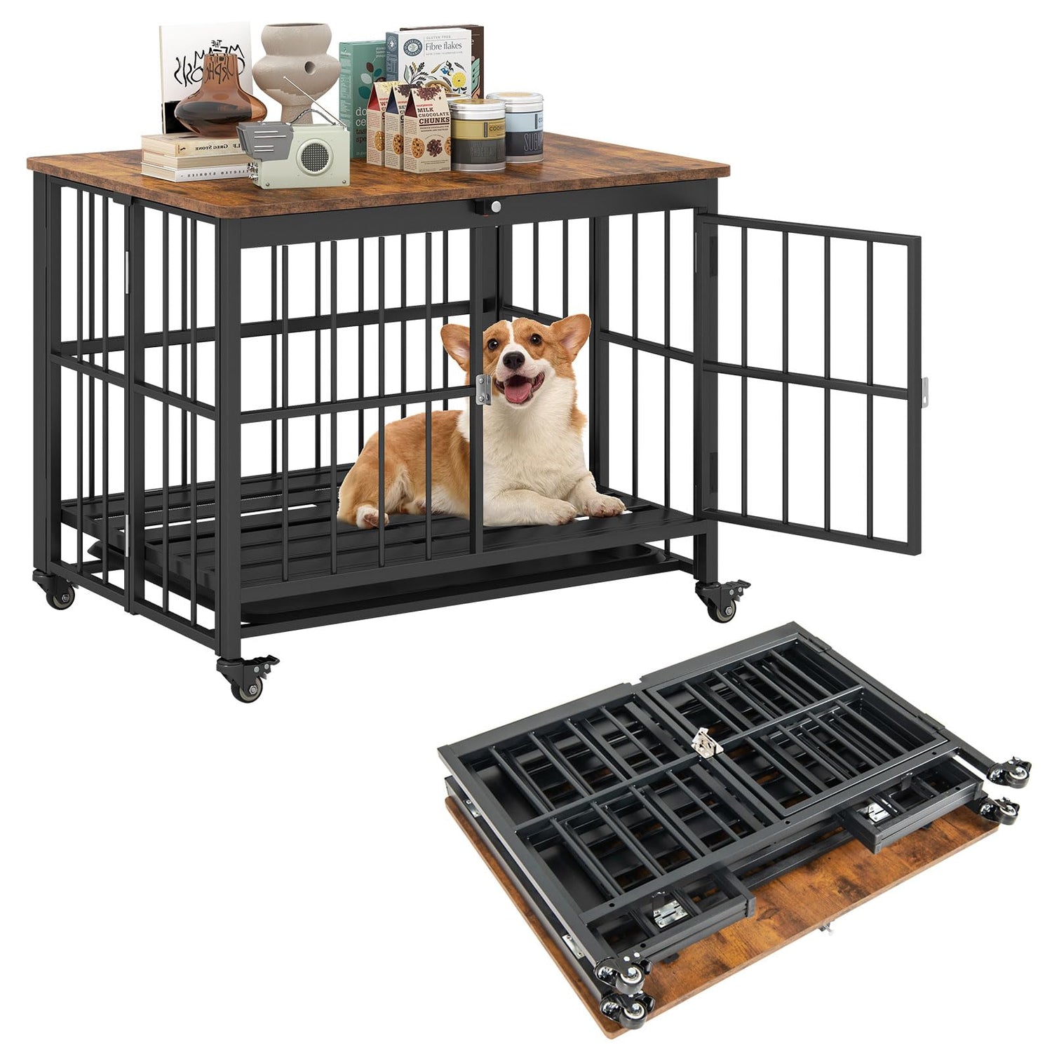 Foldable Dog Crate Furniture with Removable Tray Heavy-duty Chew-resistant Dog Kennel