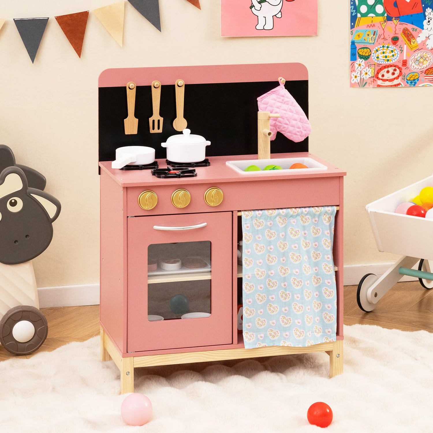 Kids Play Kitchen Set with Door Curtain and Stoves and Apron