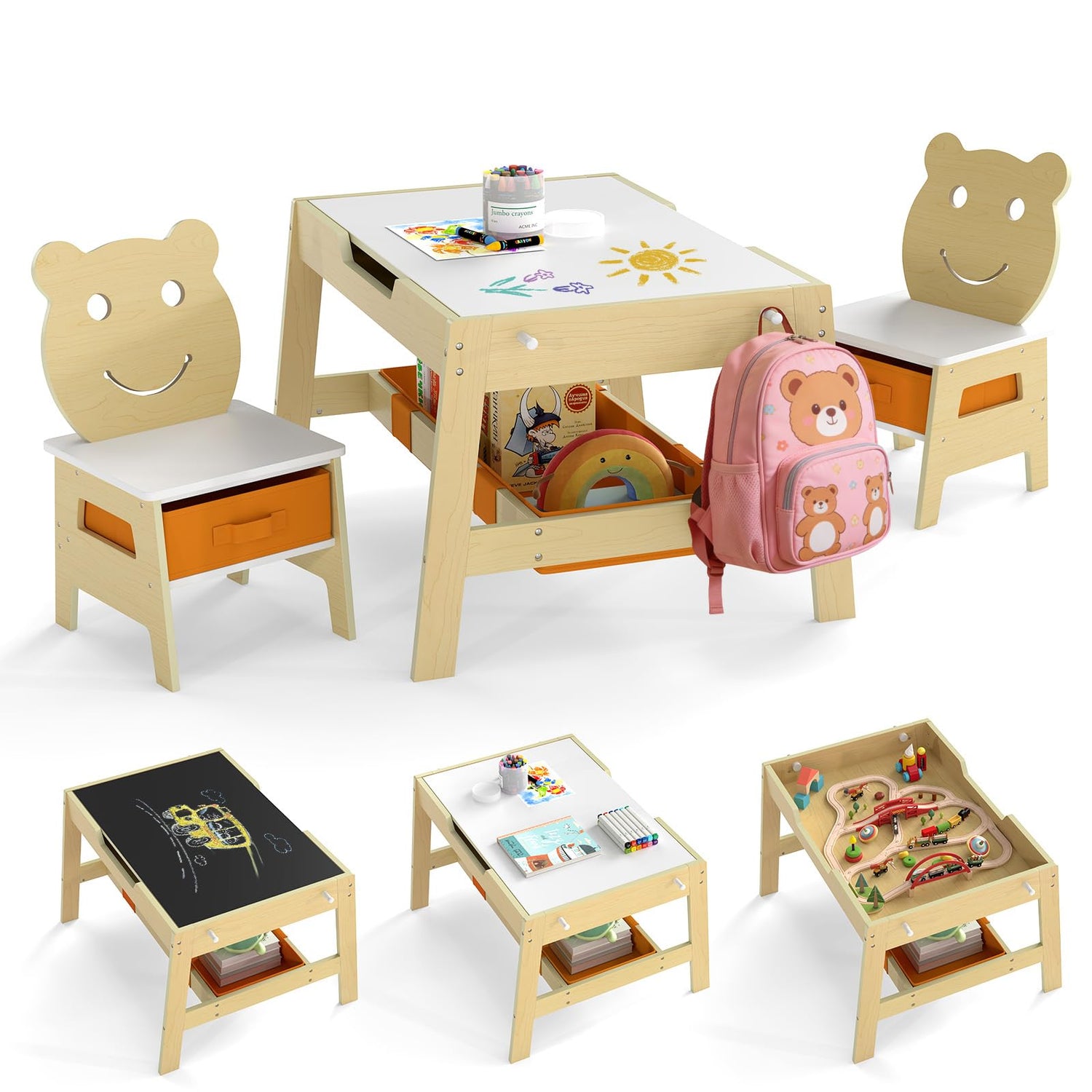 Kids Table and Chairs, Multifunctional Activity Desk with Chalkboard & Whiteboard