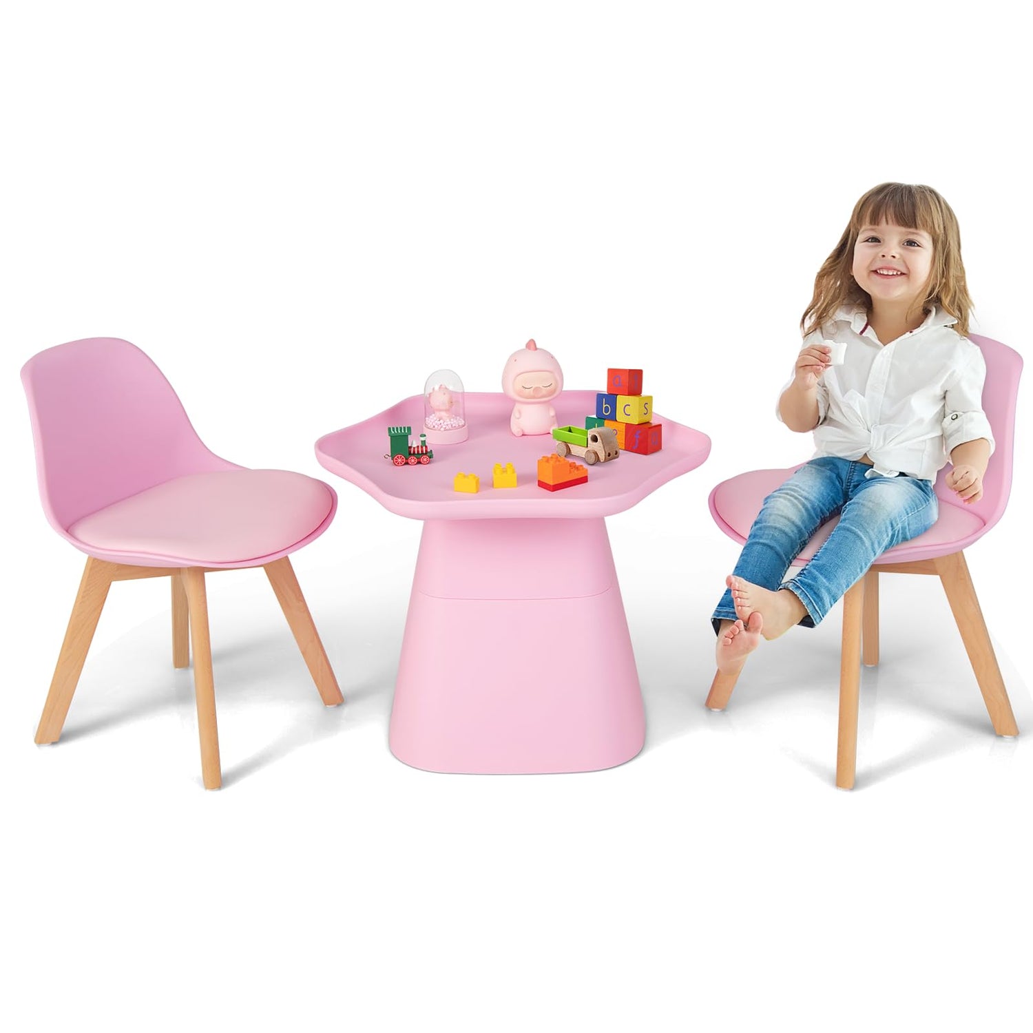 GYMAX Kids Table and Chairs Set, Children Activity Table with Concave Tabletop & 2 Padded Seat Chairs