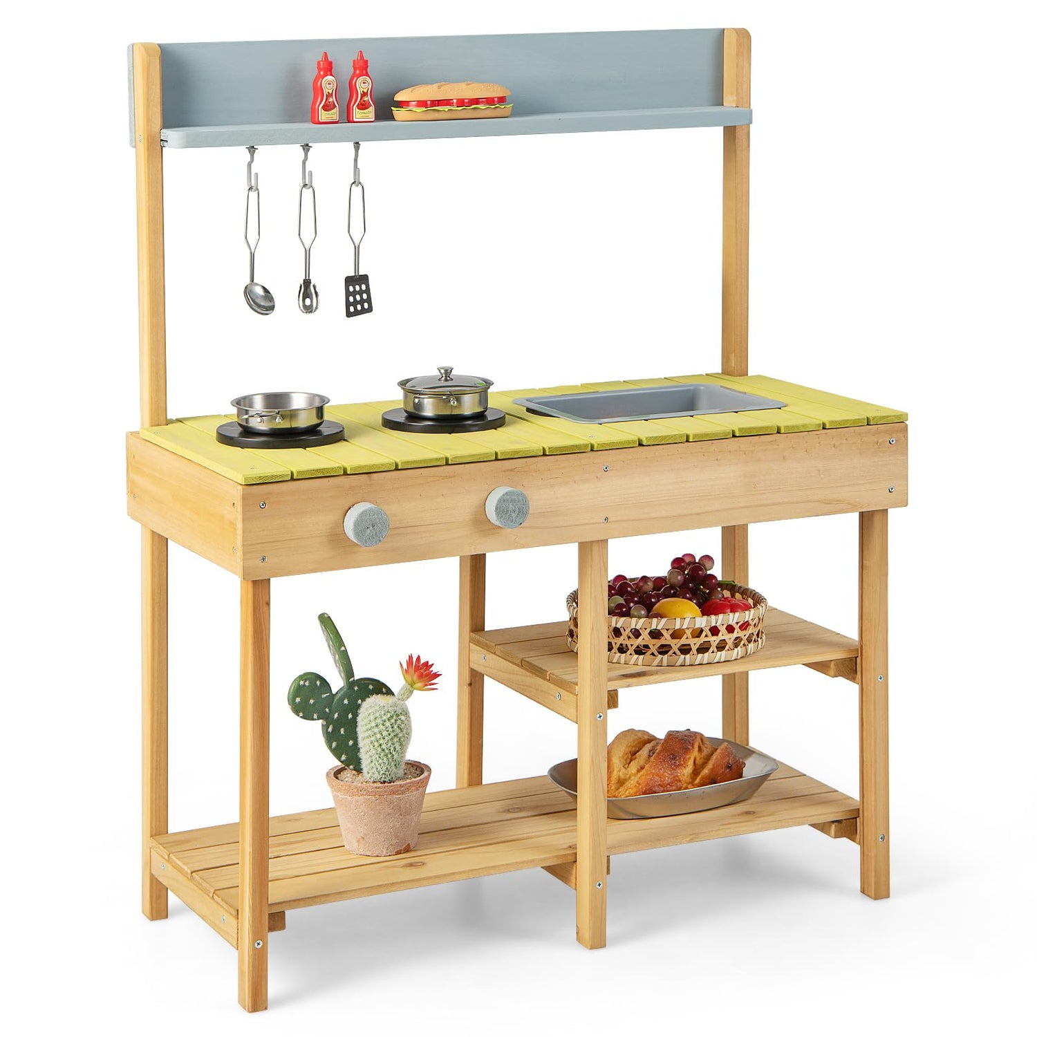 GYMAX Wooden Toy Kitchen, Kids Play Kitchen with Stove Top