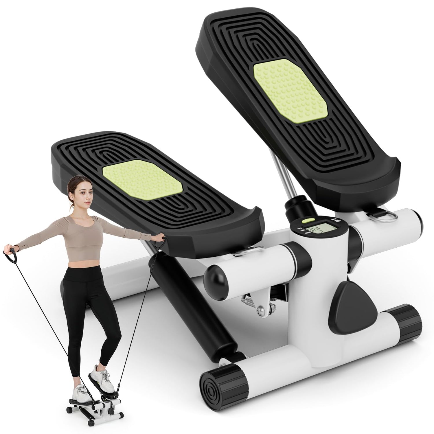 Mini Stepper for Workout, Portable Hydraulic Stepper with Resistance Bands, LCD Monitor