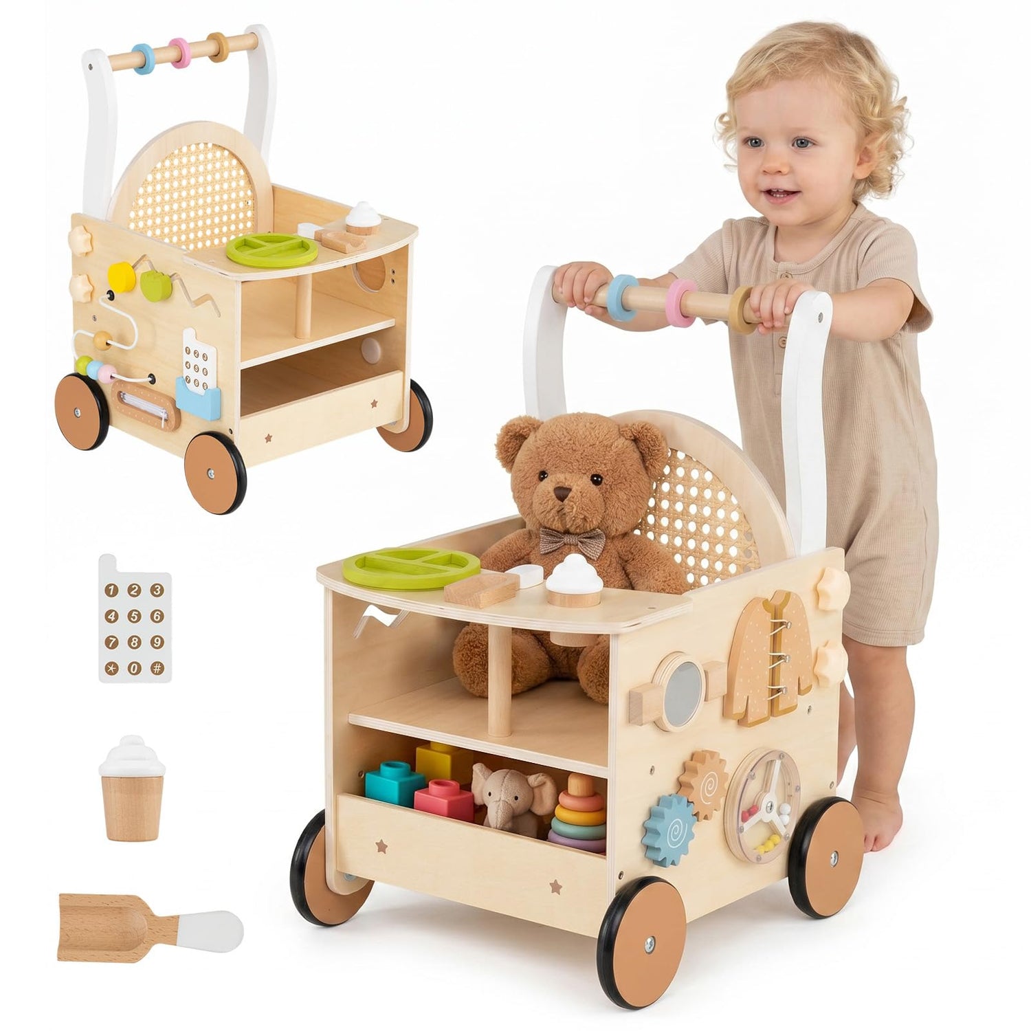 Wooden Baby Walker, 13-in-1 Toddler Learning Activity Center