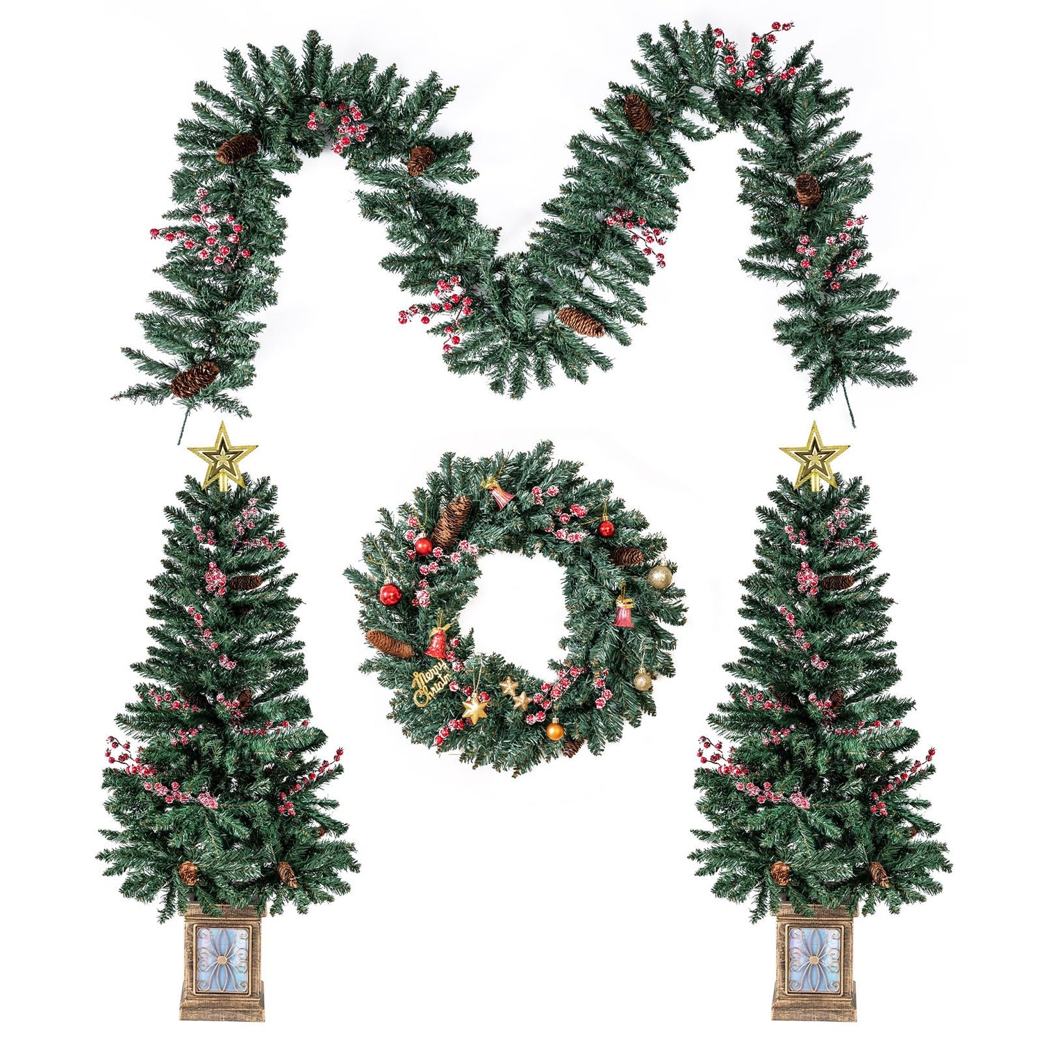 2 Pack Entrances Trees with Garland and Wreath Potted Christmas Tree Set of 4