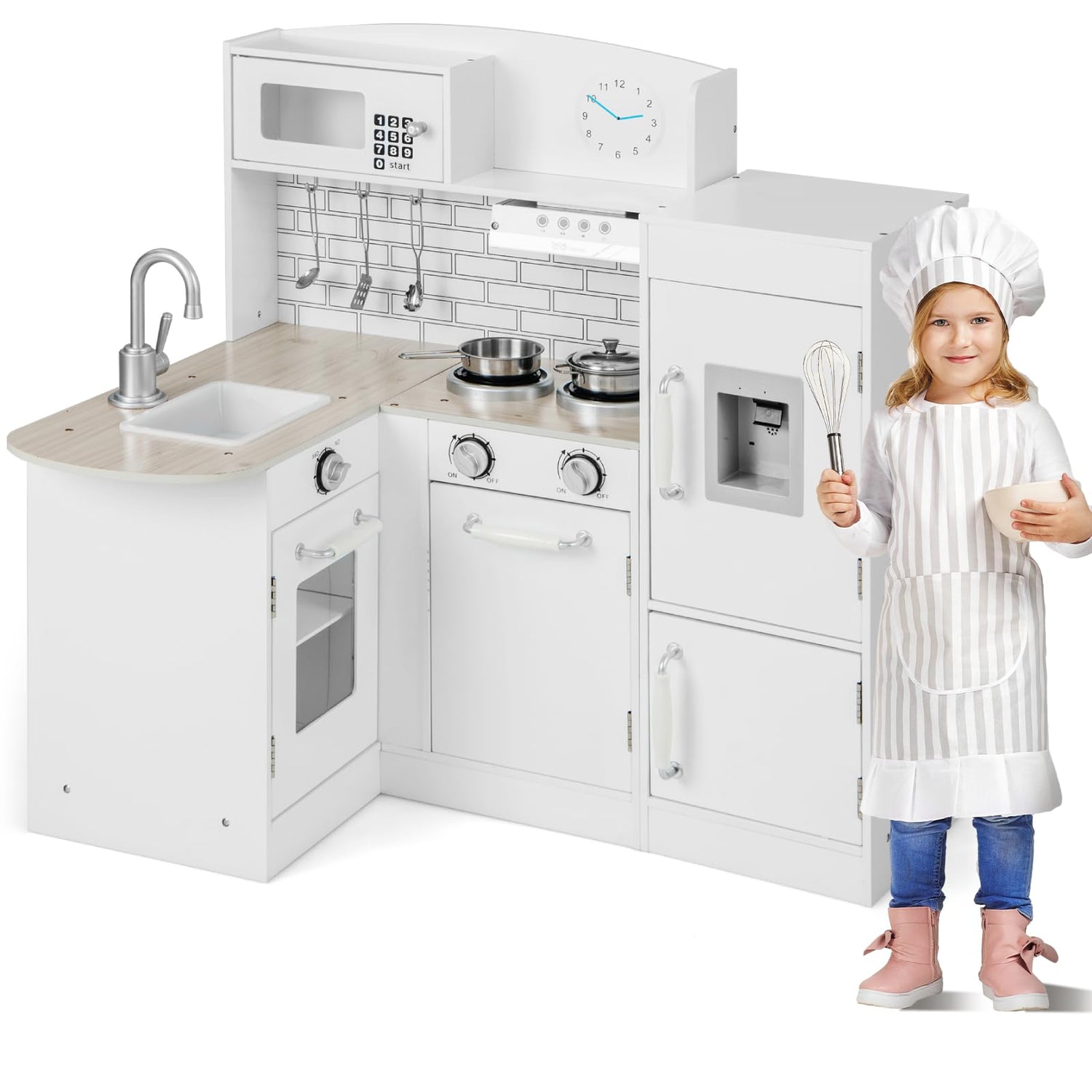 GYMAX Kids Corner Kitchen, Wooden Toy Kitchen with Sink(8 in 1)
