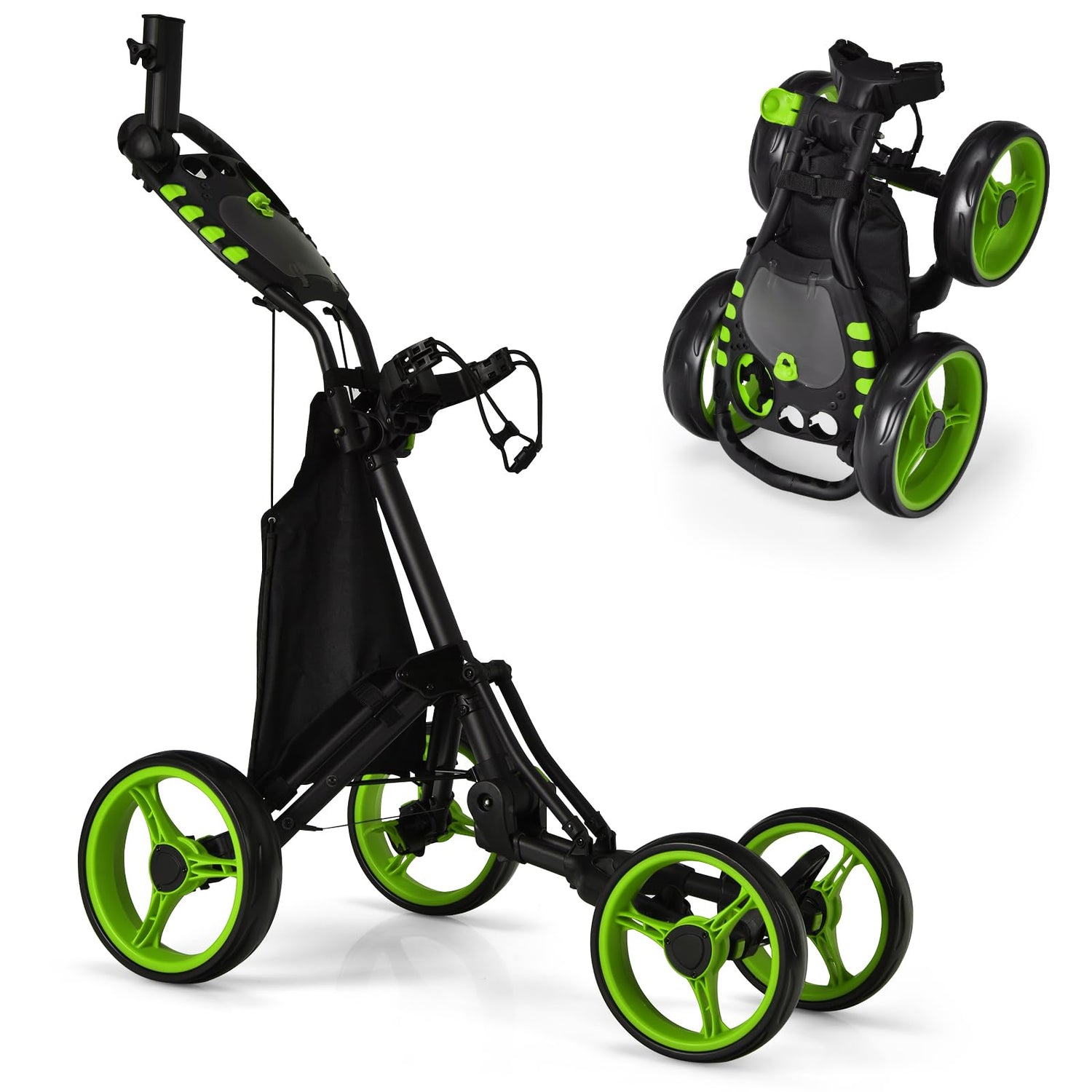 GYMAX 4 Wheels Golf Push Pull Cart, Lightweight Golf Trolley with Storage Bag
