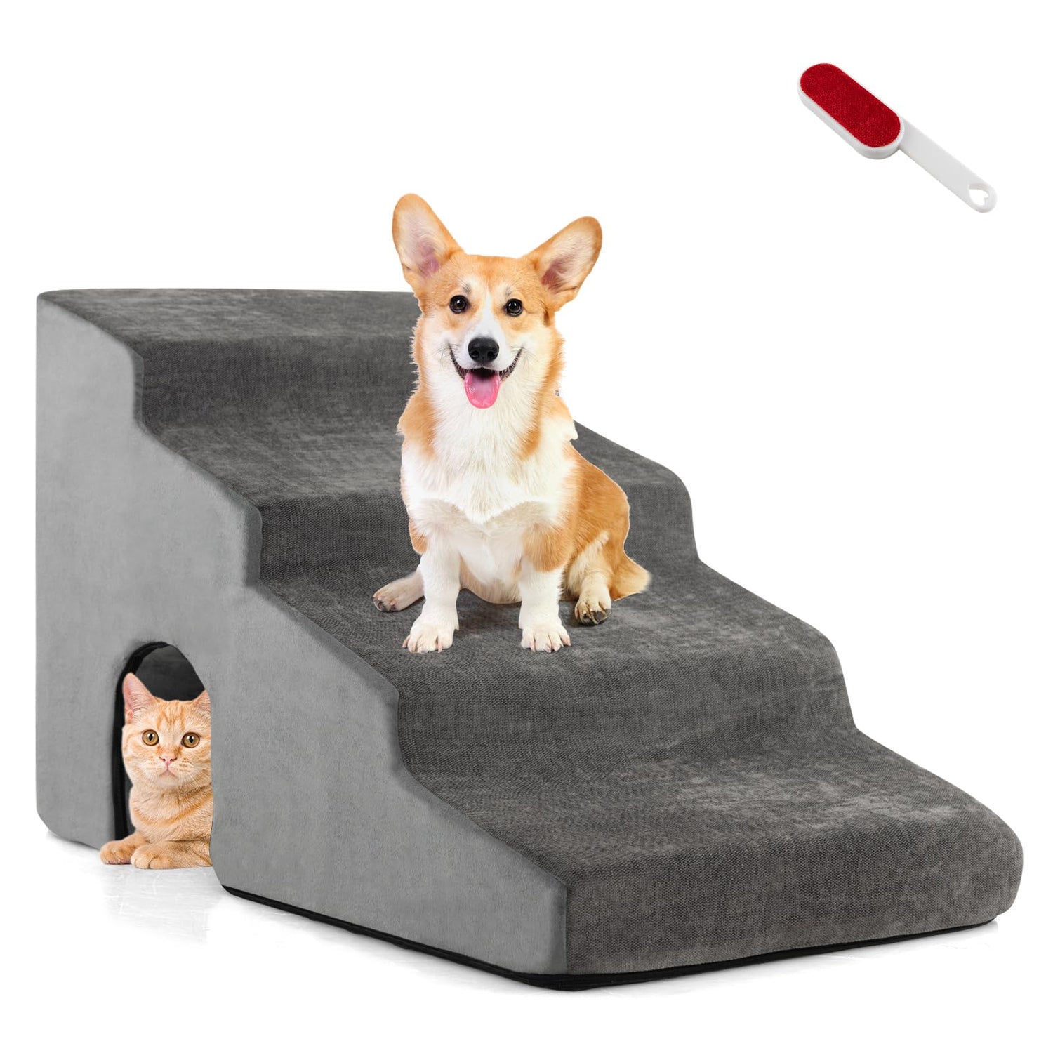 GYMAX Dog Stairs, 1/2 Piece Pet Ladder with Pet Hole, Non-Slip Bottom, Removable Cover