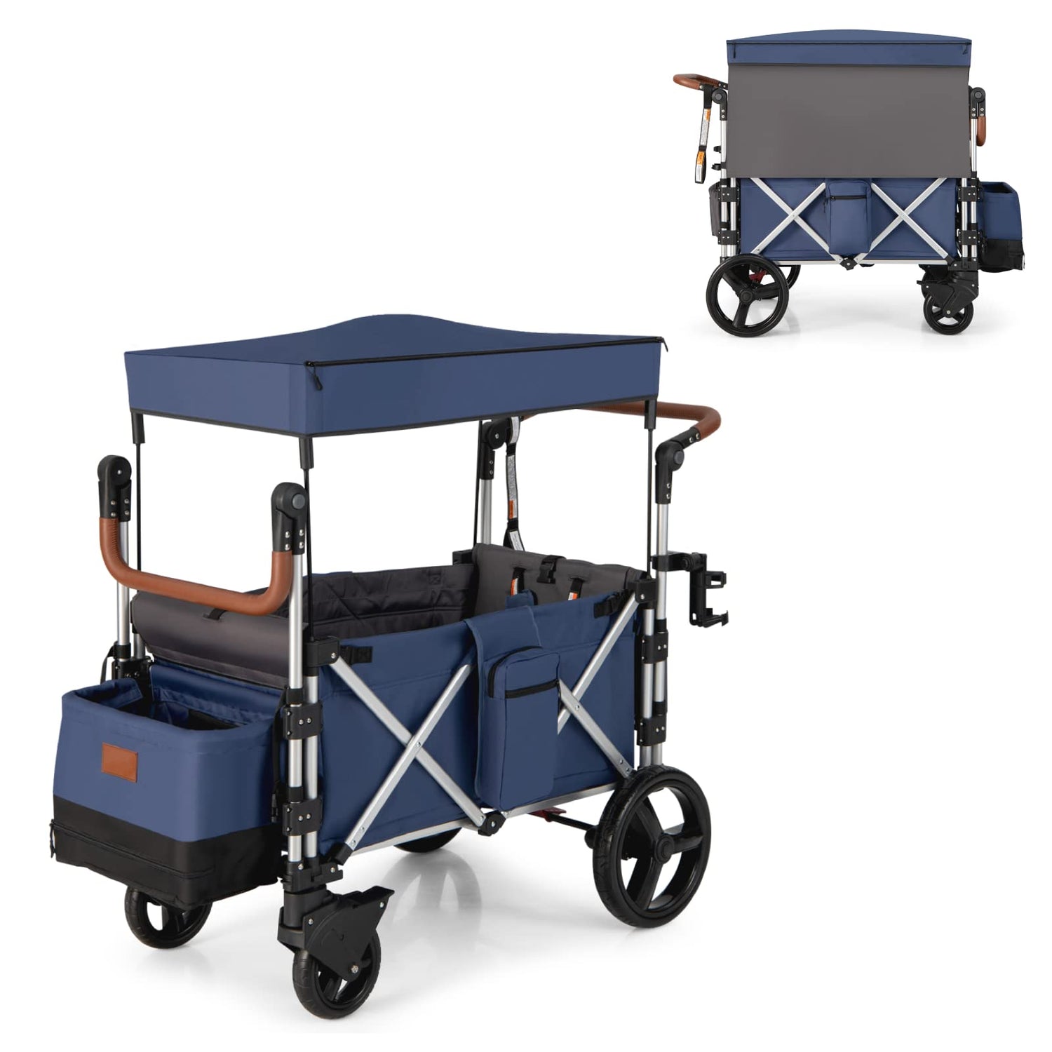 GYMAX Double Stroller Wagon, Portable Baby Strollers with 5-Point Harnesses, Adjustable Push Handle, Removable UV-Protection Canopy