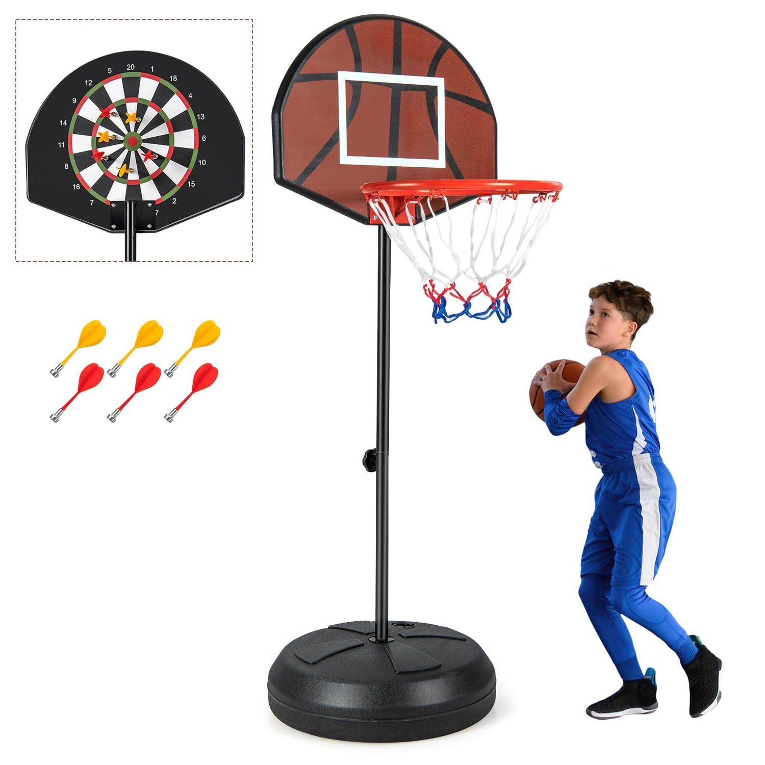 GYMAX 2-in-1 Kids Basketball Hoop with Dart Board