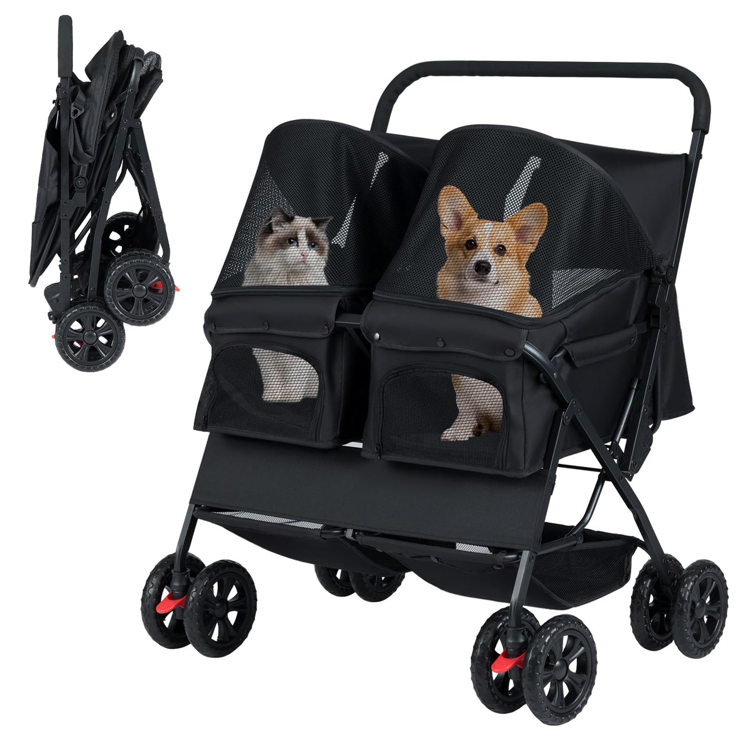 Double Pet Stroller, Foldable Dog Travel Pushchair Cat Buggy with 2 Carriers