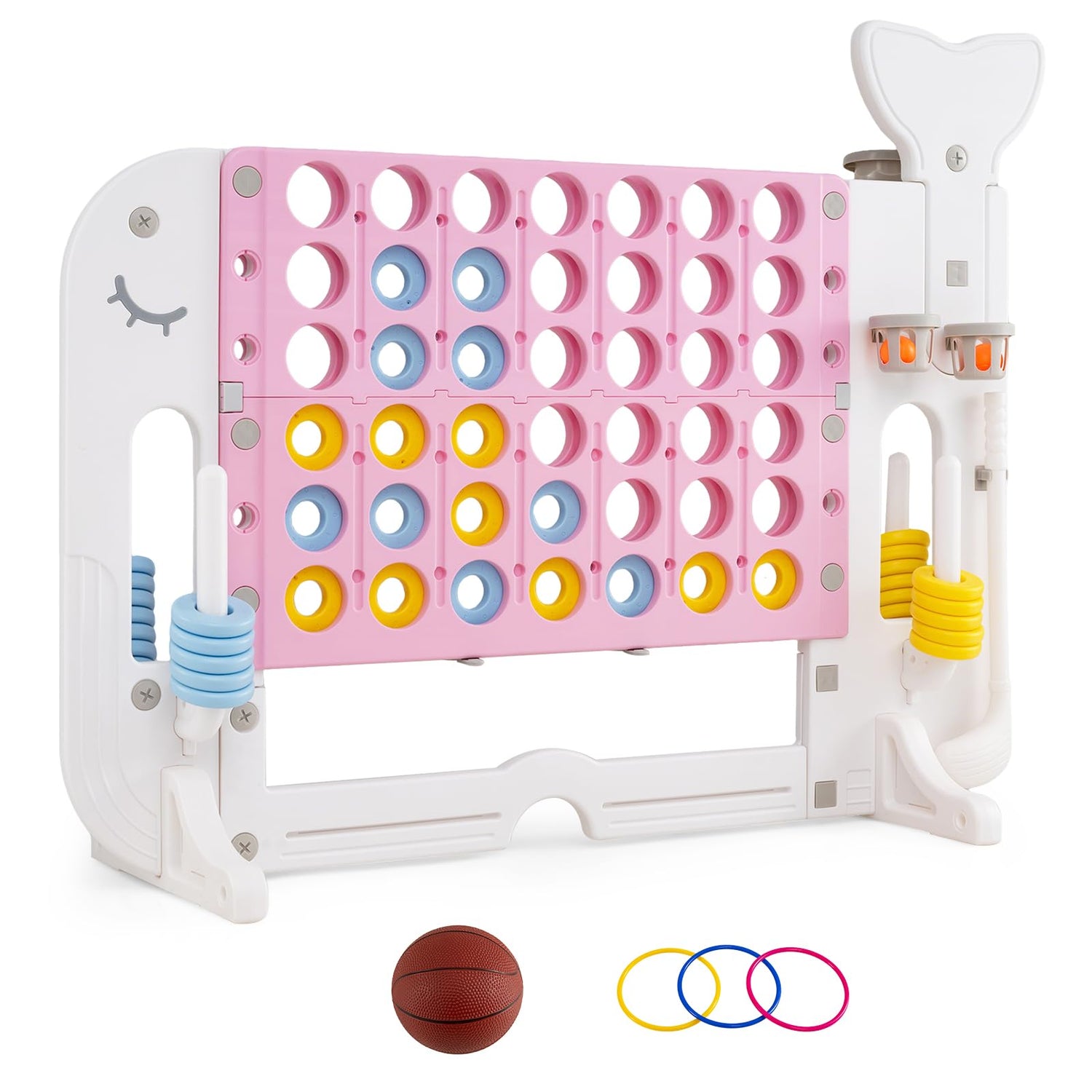 Height Adjustable Drop-4 Game with Ring-toss, Basketball, Golf Club, Balls