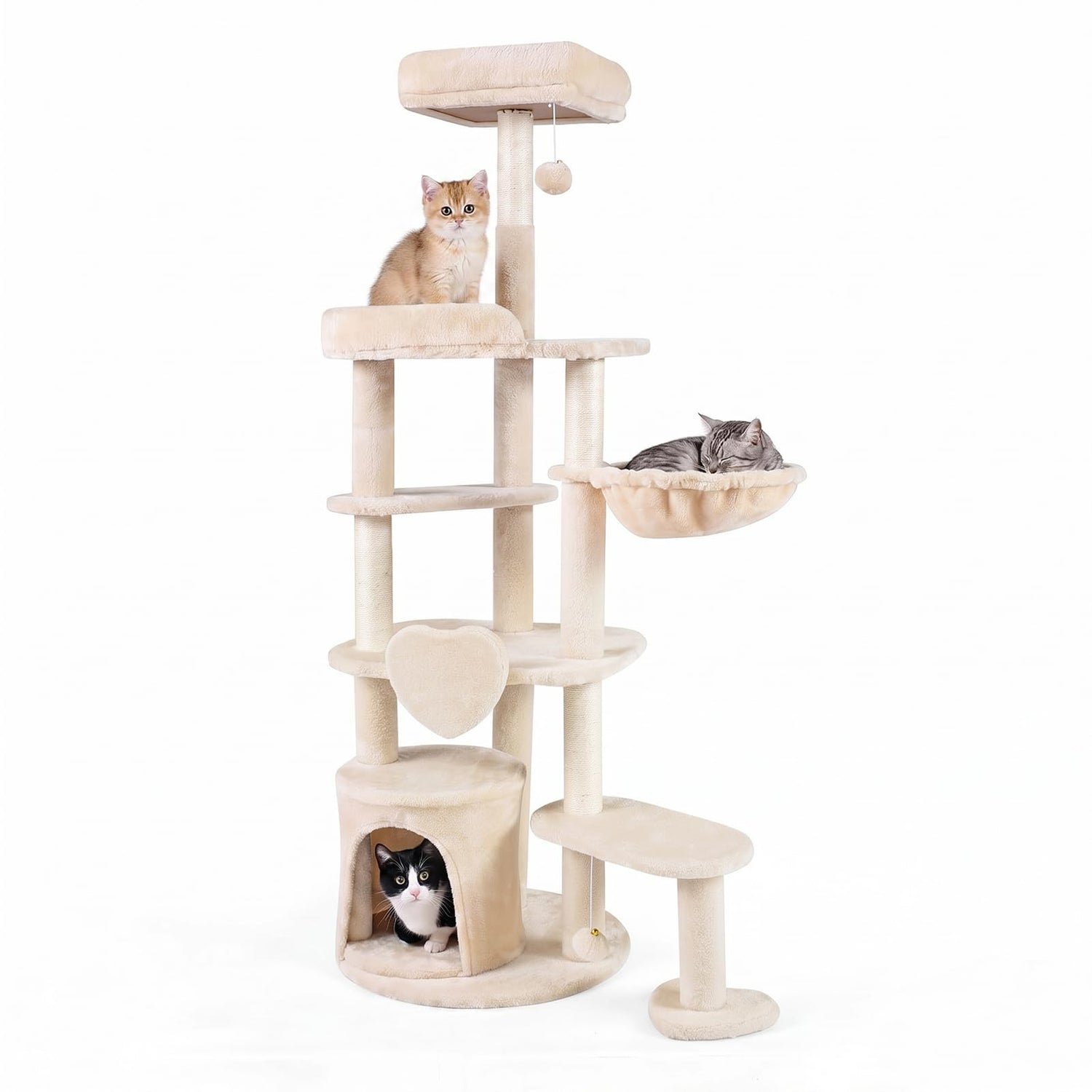 Cat Tree, 149cm Tall Cats Tower with Perches, Plush Condo, Cozy Basket