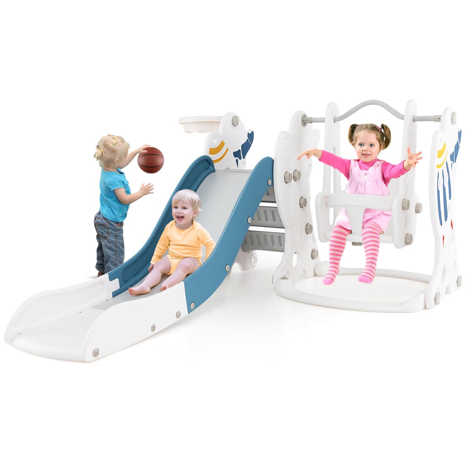 GYMAX Toddler Swing and Slide Set, 4-in-1 Children Climber and Swing Set with Basketball Hoop