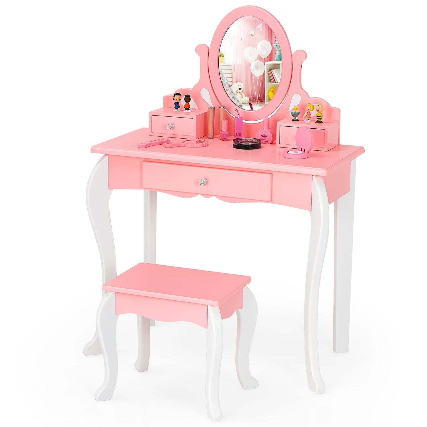 GYMAX Kids Dressing Table Set Wooden Children Vanity Table with Stool