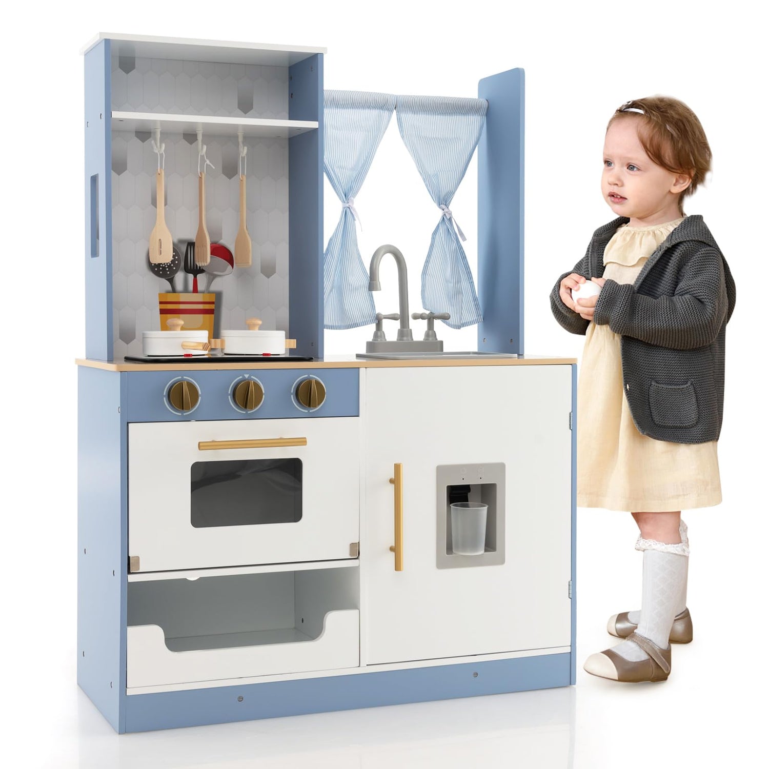 GYMAX Kids Play Kitchen, Wooden Kitchen Playset with Curtains, Stoves, Sink, Oven, Water Dispenser, Accessories, Realistic Light & Sound