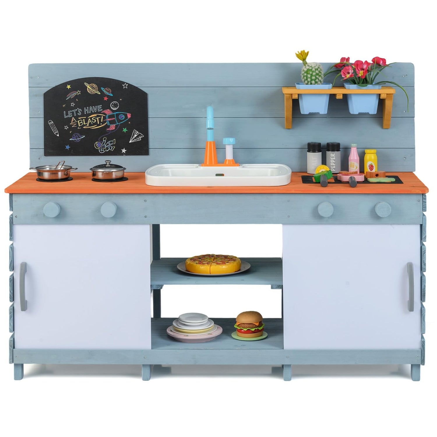 Kids Play Kitchen Set with Chalkboard and Faucet and Sink