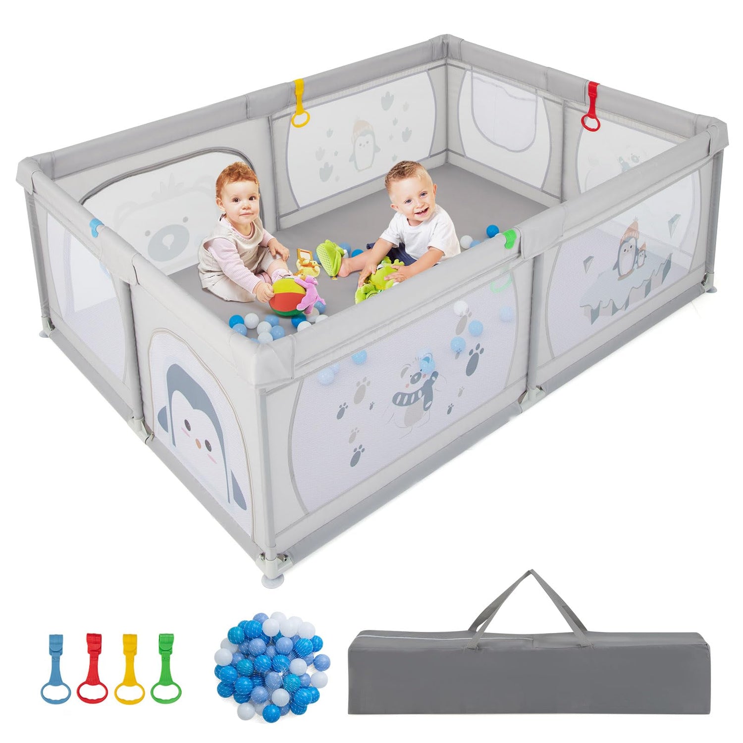 GYMAX 206 x 147cm Large Toddler Fence Play Yard with 50 Ocean Balls