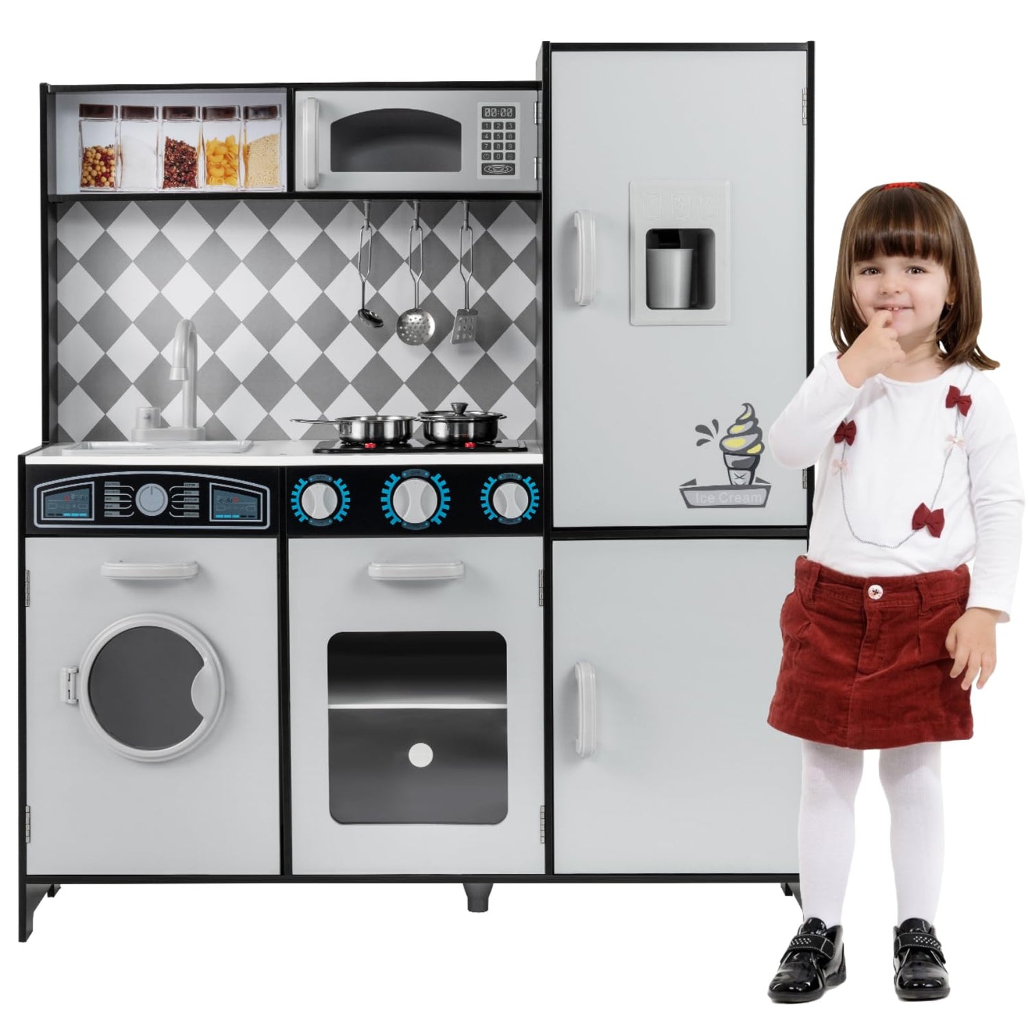 Pretend Play Kitchen with Ice Maker and Cooking Stove for Kids
