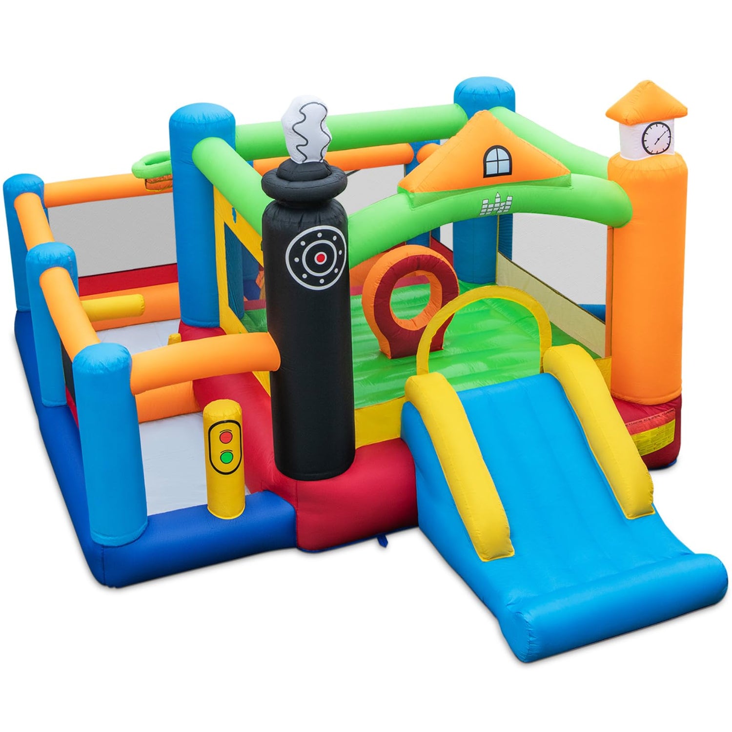 GYMAX Inflatable Bouncy Castle, Kids Jumping House with Slide, Basketball Hoop, 3 Ball Pit Areas & 50 Ocean Balls, Indoor Outdoor Bounce Playhouse for Children