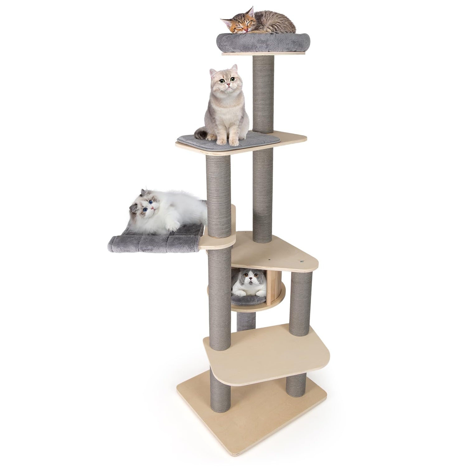 Tall Multi-Layer Cats Tower with Comfy Padded Top Perch, Private Condo