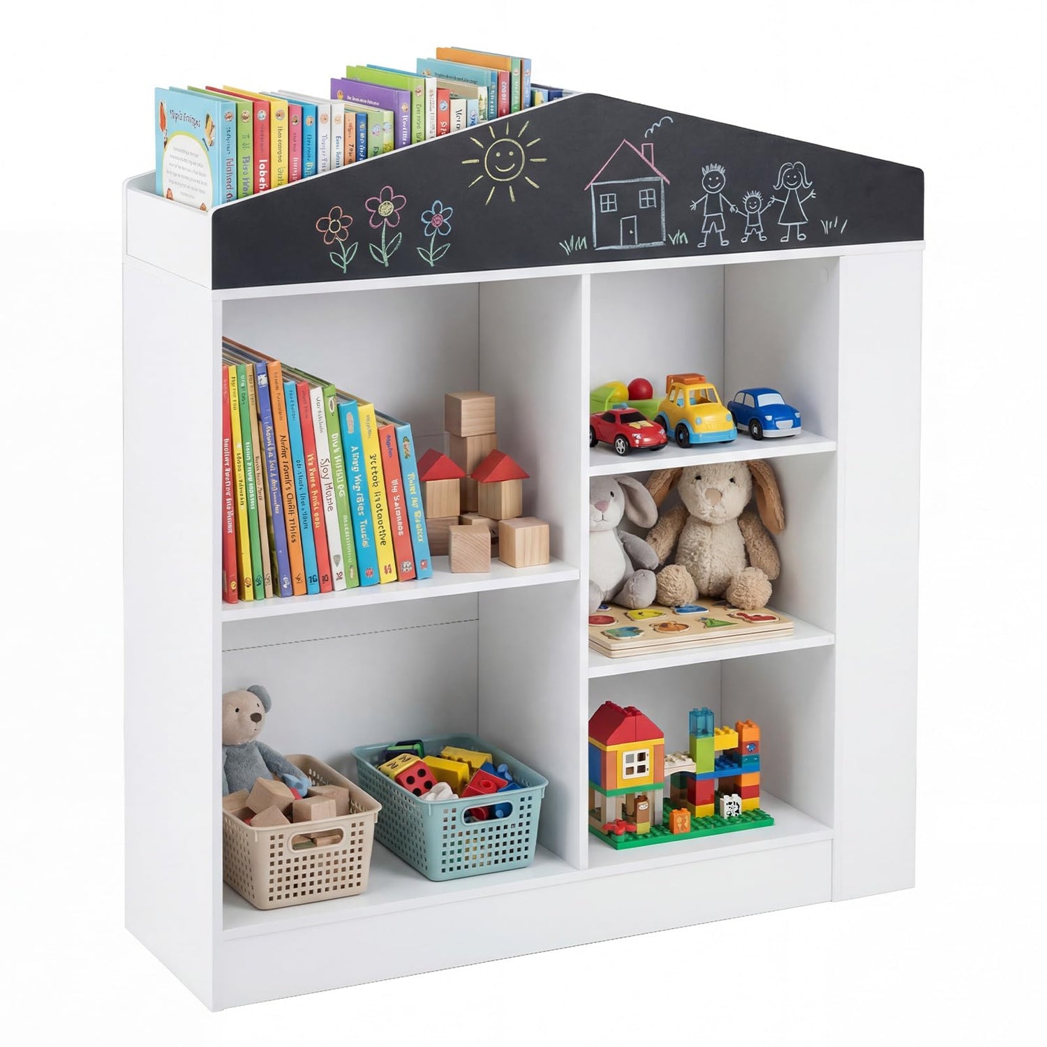 Kids Dollhouse Bookshelf with Chalkboard for Kids Room, Nursery, Playroom