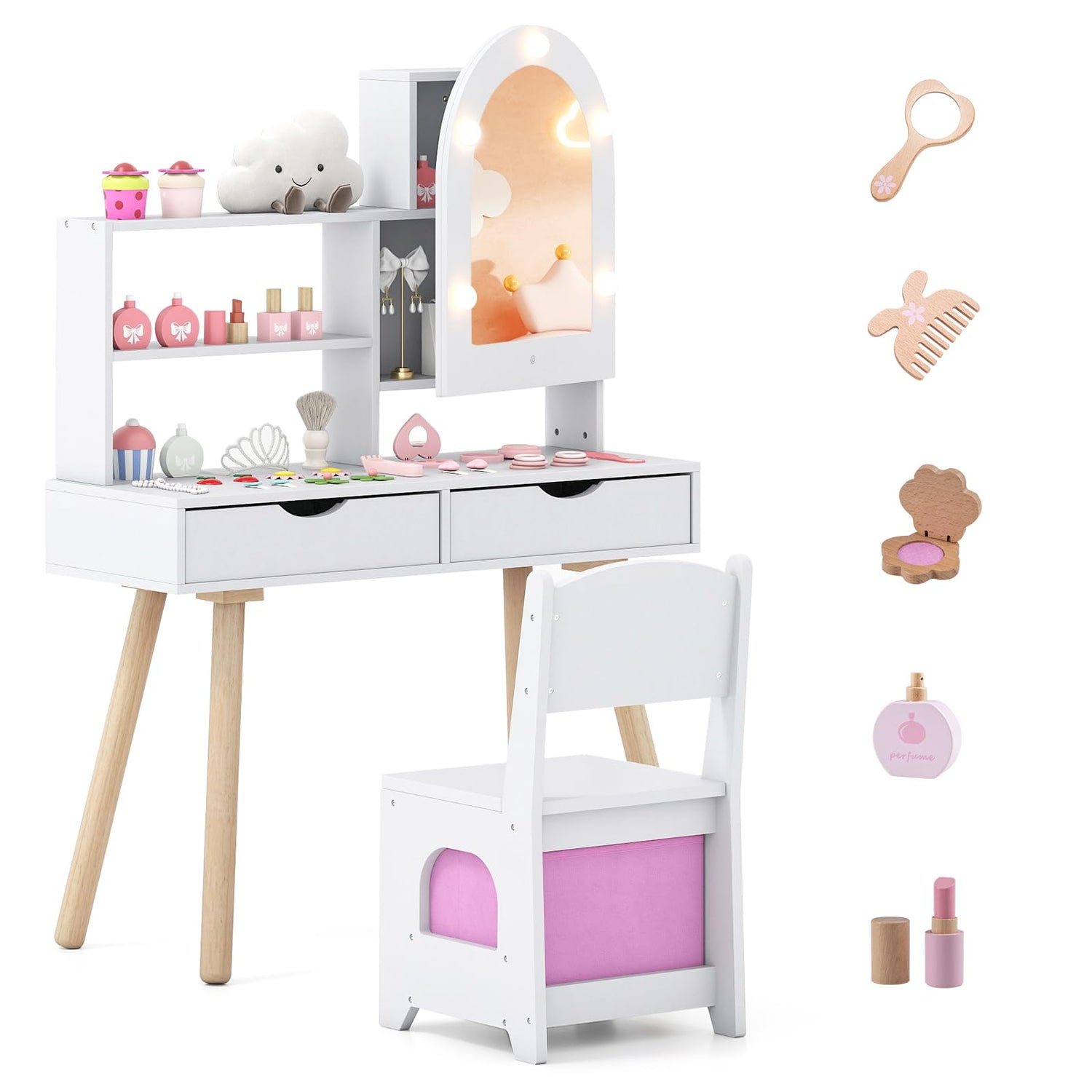 Kids Vanity Set Pretend Play Dressing Table Set with 3-Color Lighting Modes