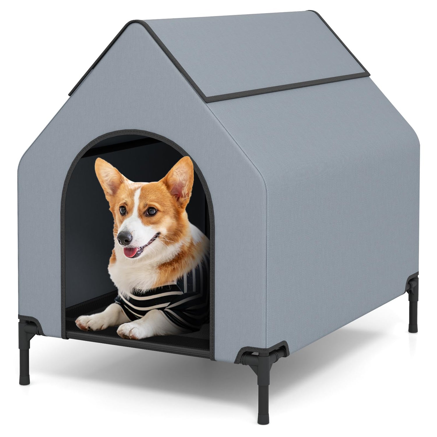 GYMAX Dog House, 2 in 1 Elevated Dog Bed with Weatherproof 600D Oxford Canopy and 2 Top Windows