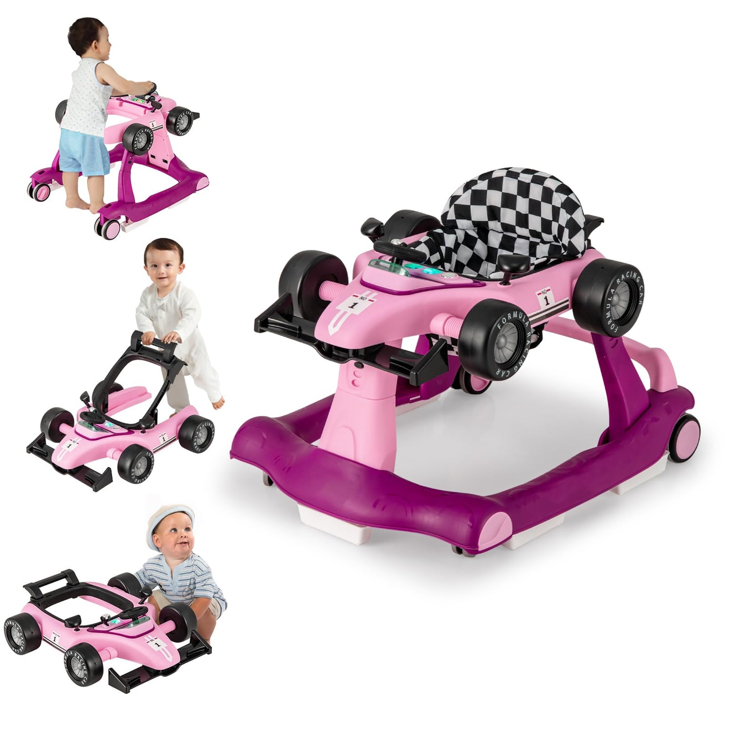 GYMAX Baby Walker, 4 in 1 Foldable Toddler Push Along Walker with Steering Wheel