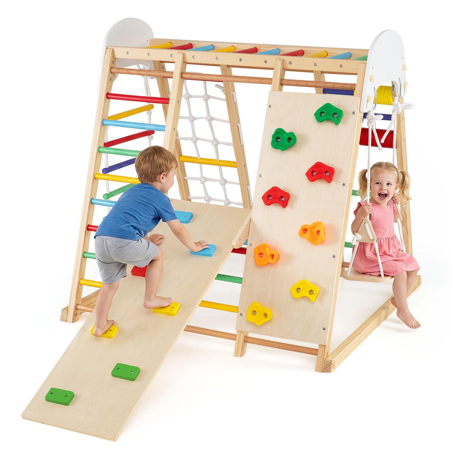 Indoor Climbing Frame, 8 in 1 Wooden Kids Jungle Gym with Swing