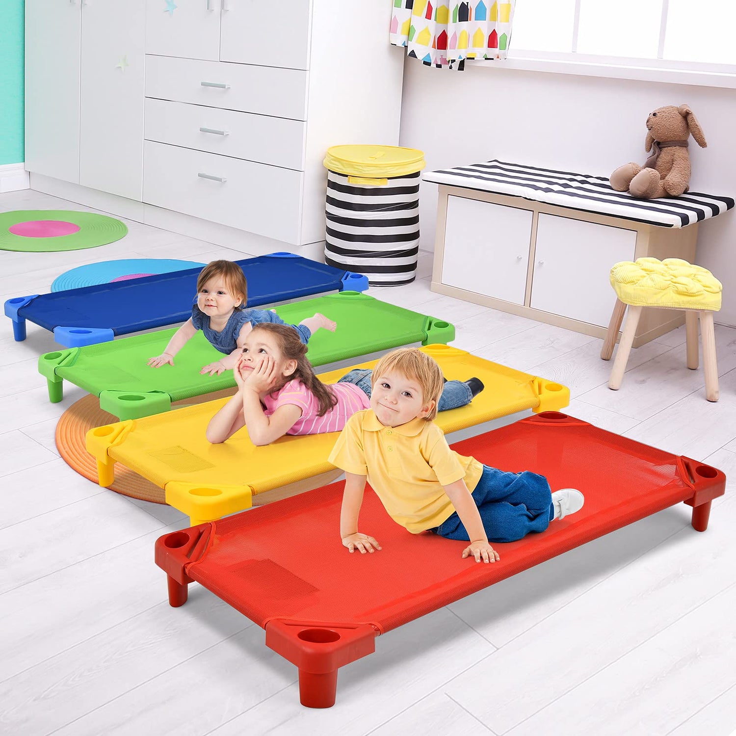GYMAX Stackable Daycare Cot Portable Toddler Bed with Easy Lift Corners