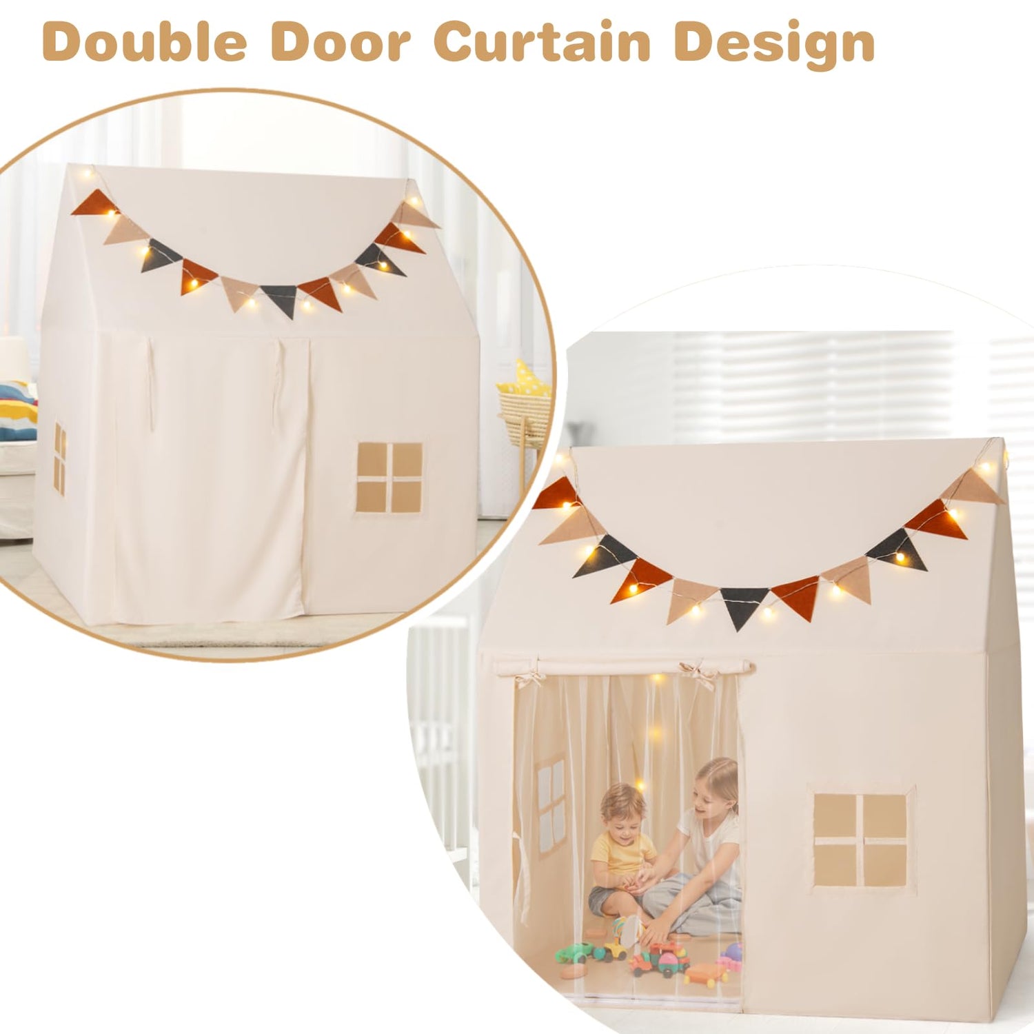 GYMAX Large Kids Tent, Play Tent with Padded Mat, Globe String Lights