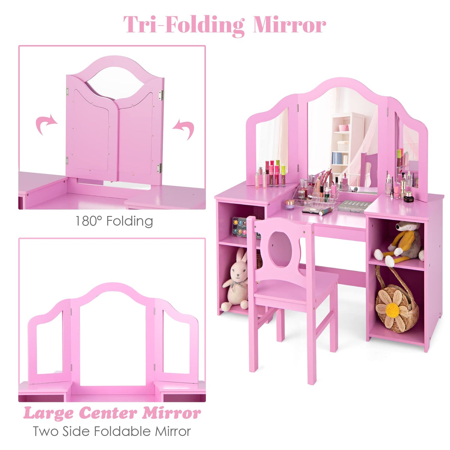 GYMAX Kids Dressing Table and Chair Set, 2 in 1 Children Vanity Table with Tri-Folding Mirror and Storage Shelf