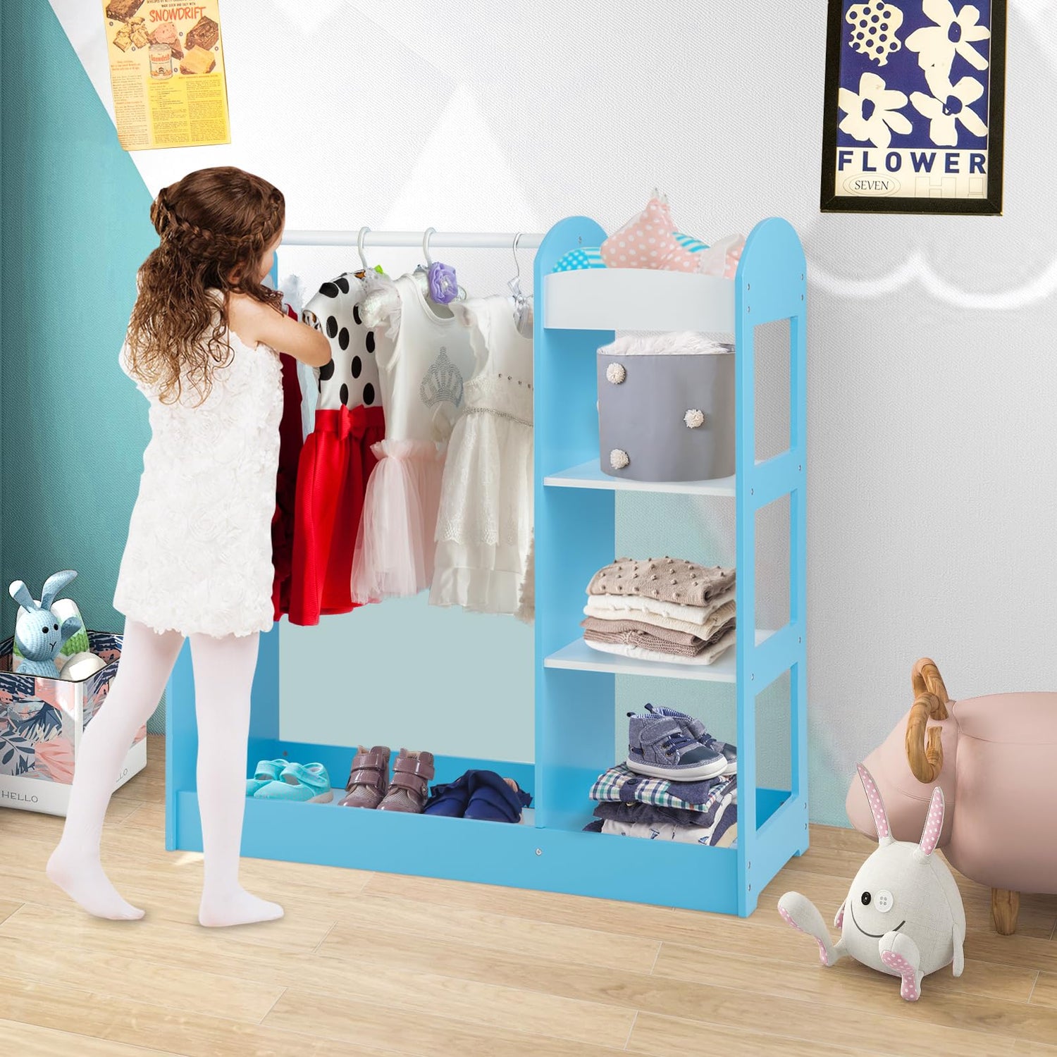 GYMAX Kids Dress up Storage, Wooden Children Wardrobe with Mirror