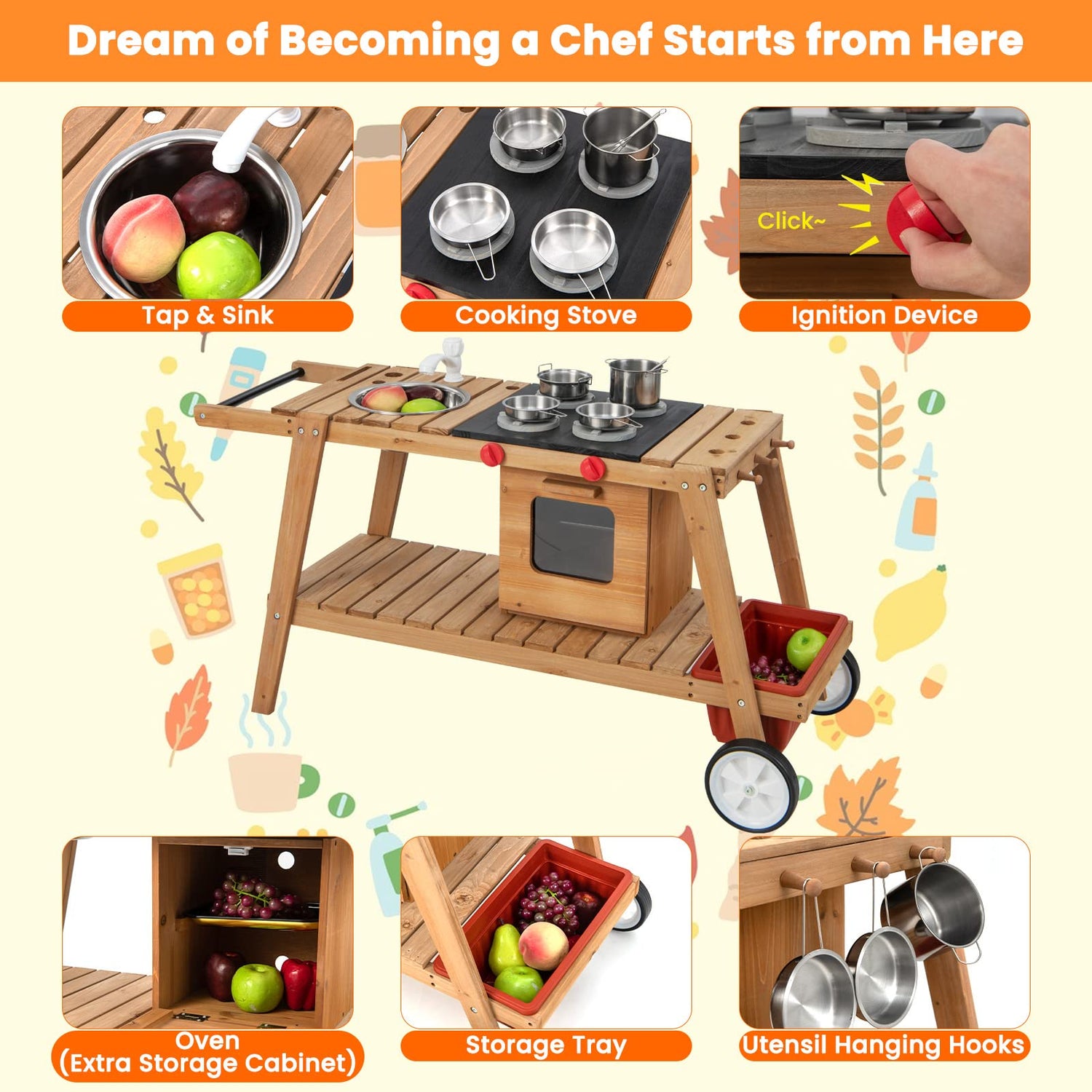 GYMAX Kids Mud Kitchen, Outdoor Wooden Toy Kitchen with Removable Umbrella