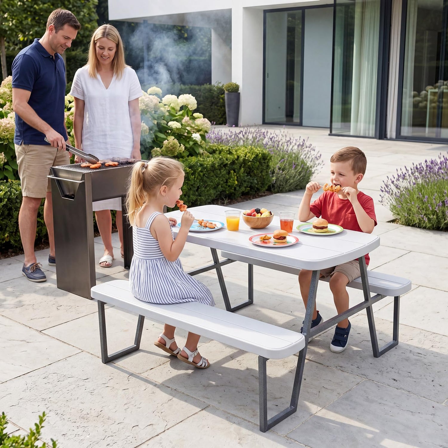 Kids Picnic Table, Children Outdoor Camping Table with Benches & Umbrella Hole