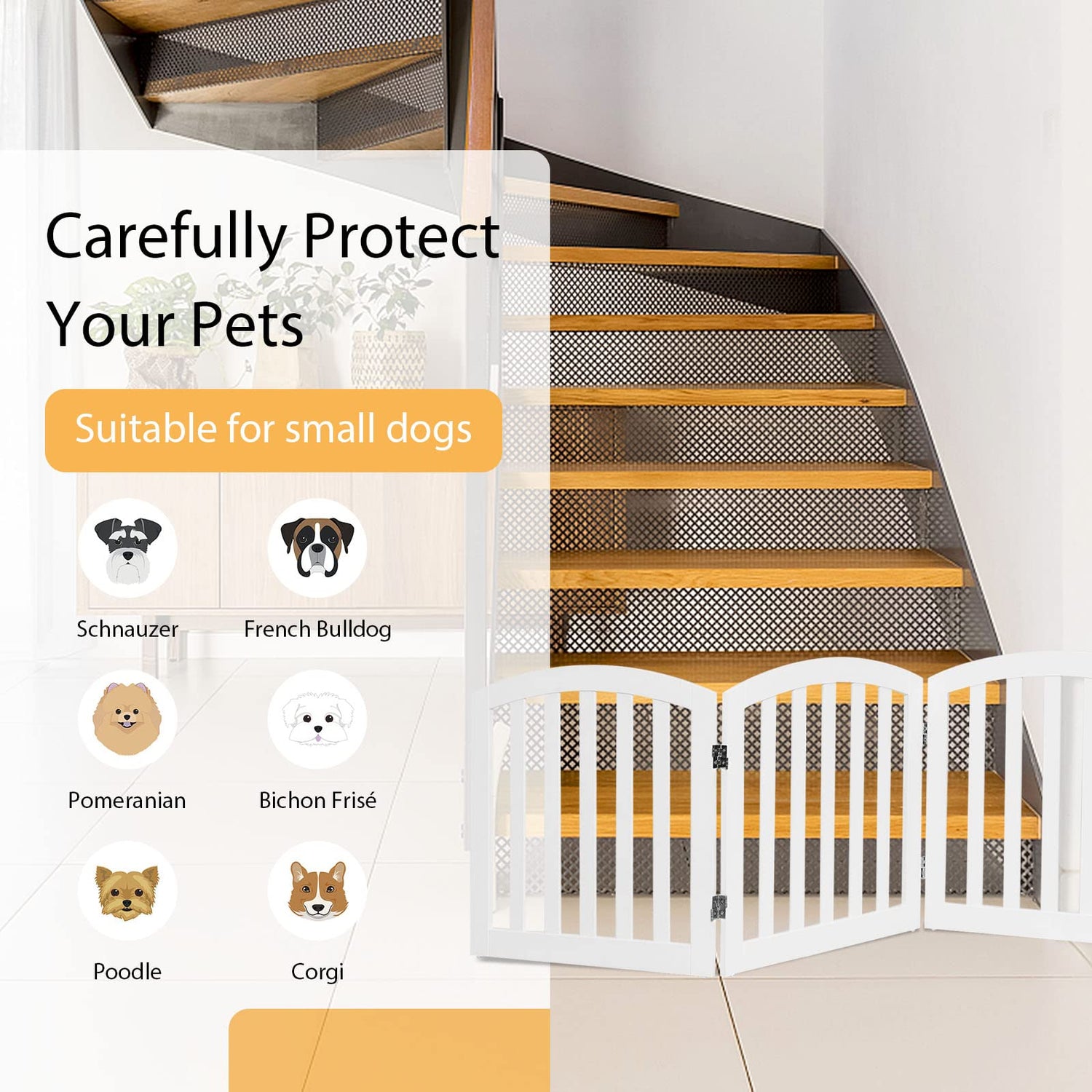 GYMAX Freestanding Dog Gate with Wooden Frame and Metal Hinges