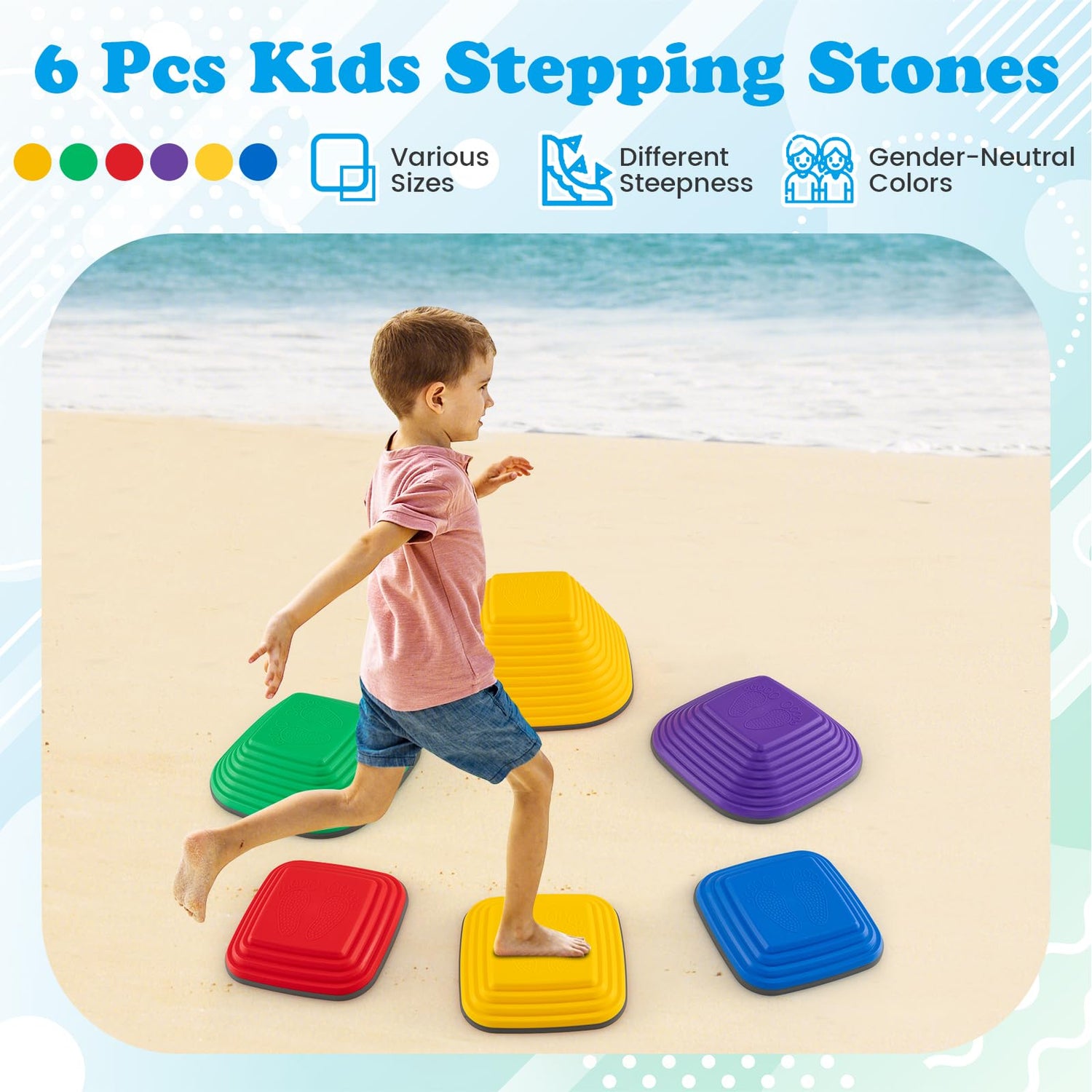 GYMAX Stepping Stones for Kids, Toddler Balance Stone with Non-Slip Edge (6 Pcs: 34 x 34 x 15cm)