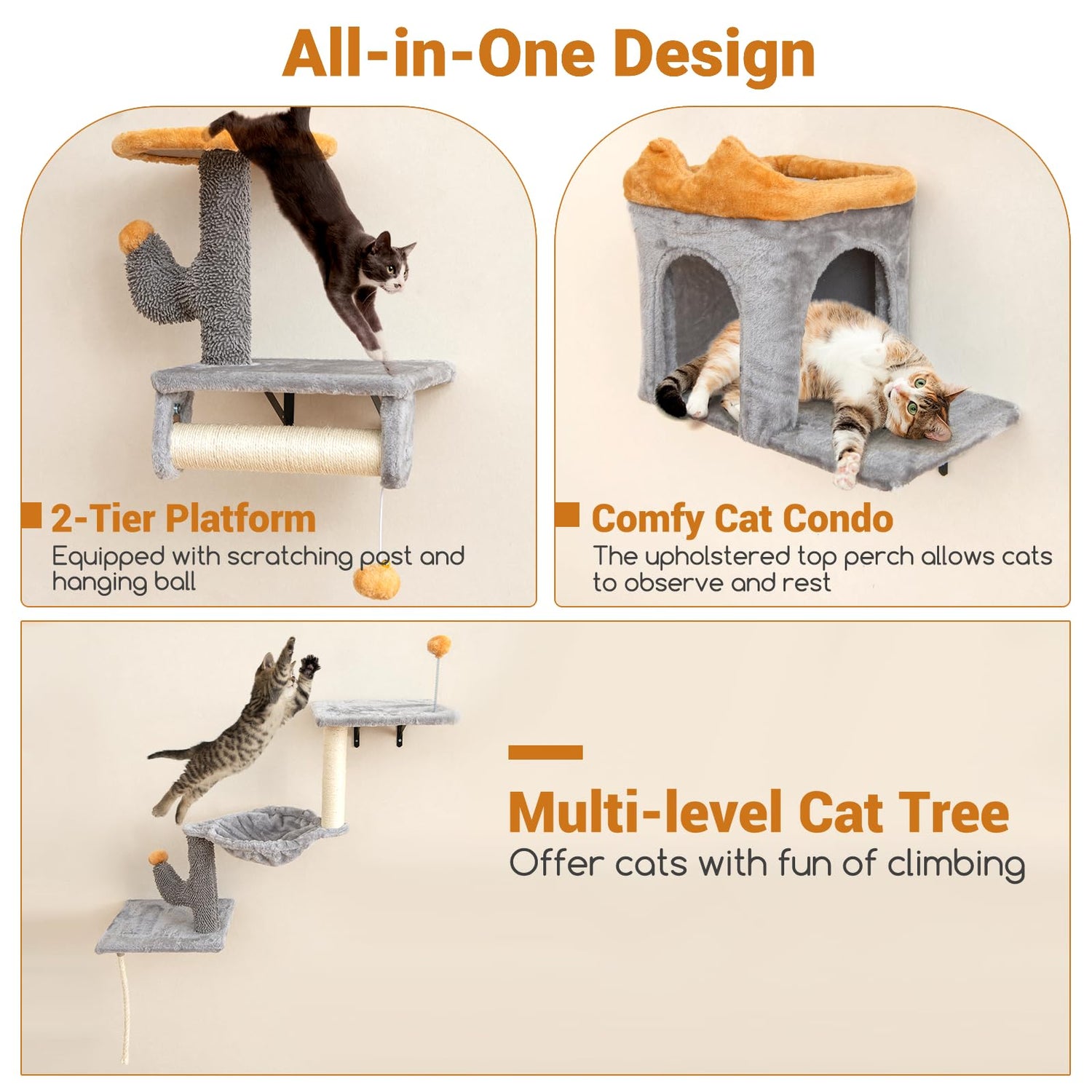 Wall-Mounted Cat Tower Set with 2-Tier Platform and 2 Comfy Cat Condos