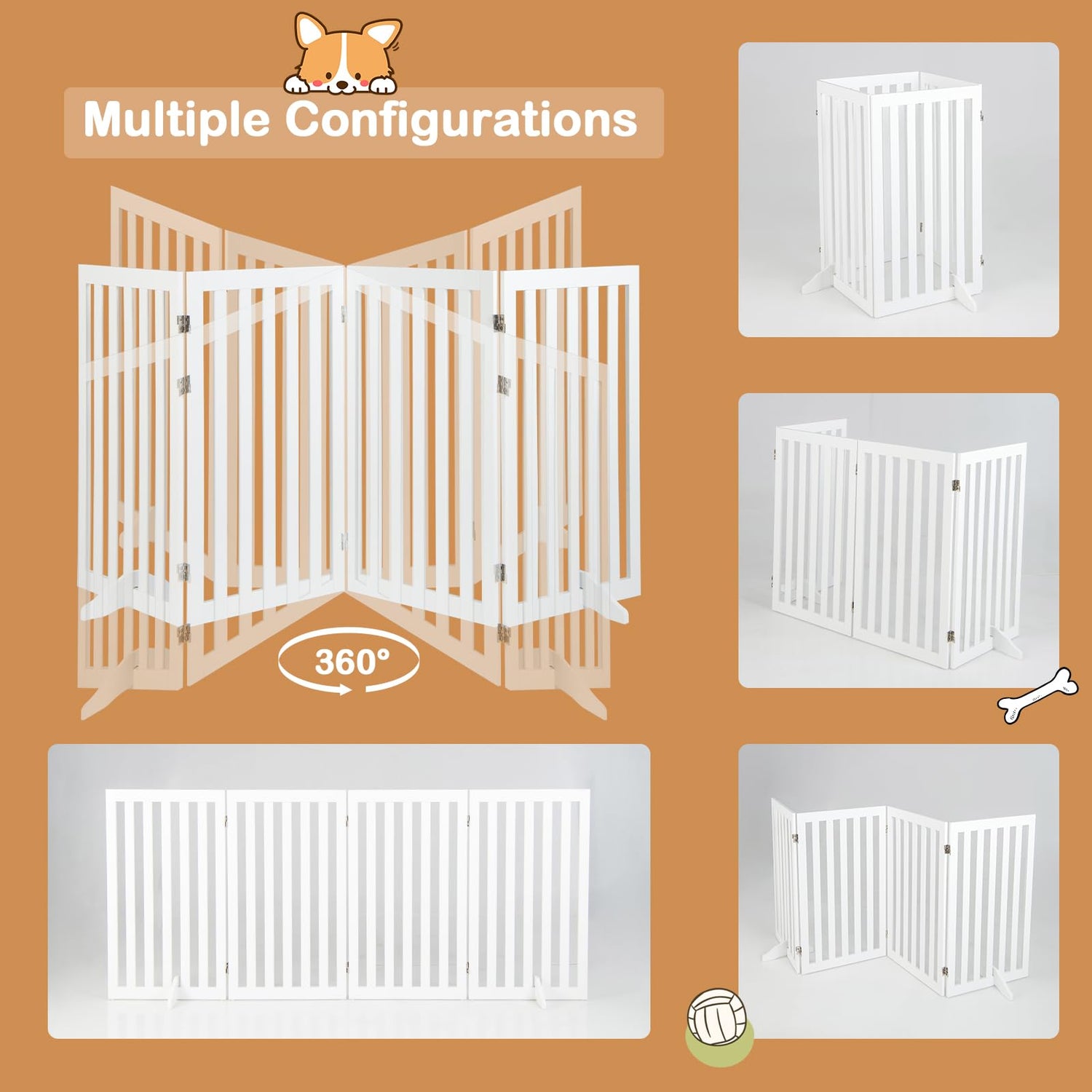 GYMAX Folding Pet Gate 4 Panels Wooden Freestanding Dog Fence