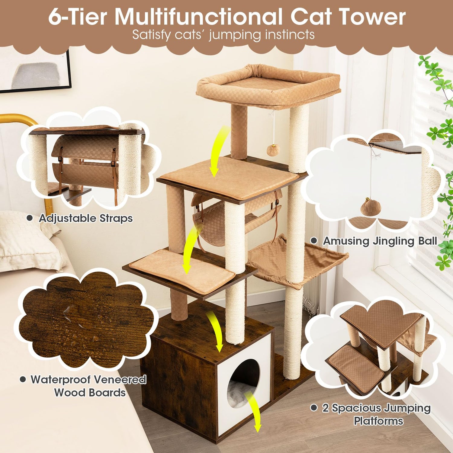 GYMAX Cat Tree, 127cm Tall Modern Wooden Cat Tower with Scratching Posts