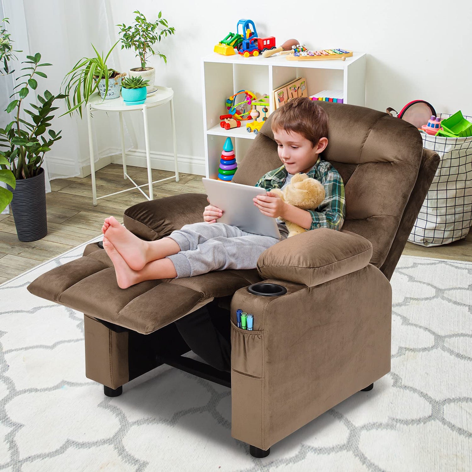 GYMAX Velvet Children Recliner Armchair with Adjustable Backrest & Footrest