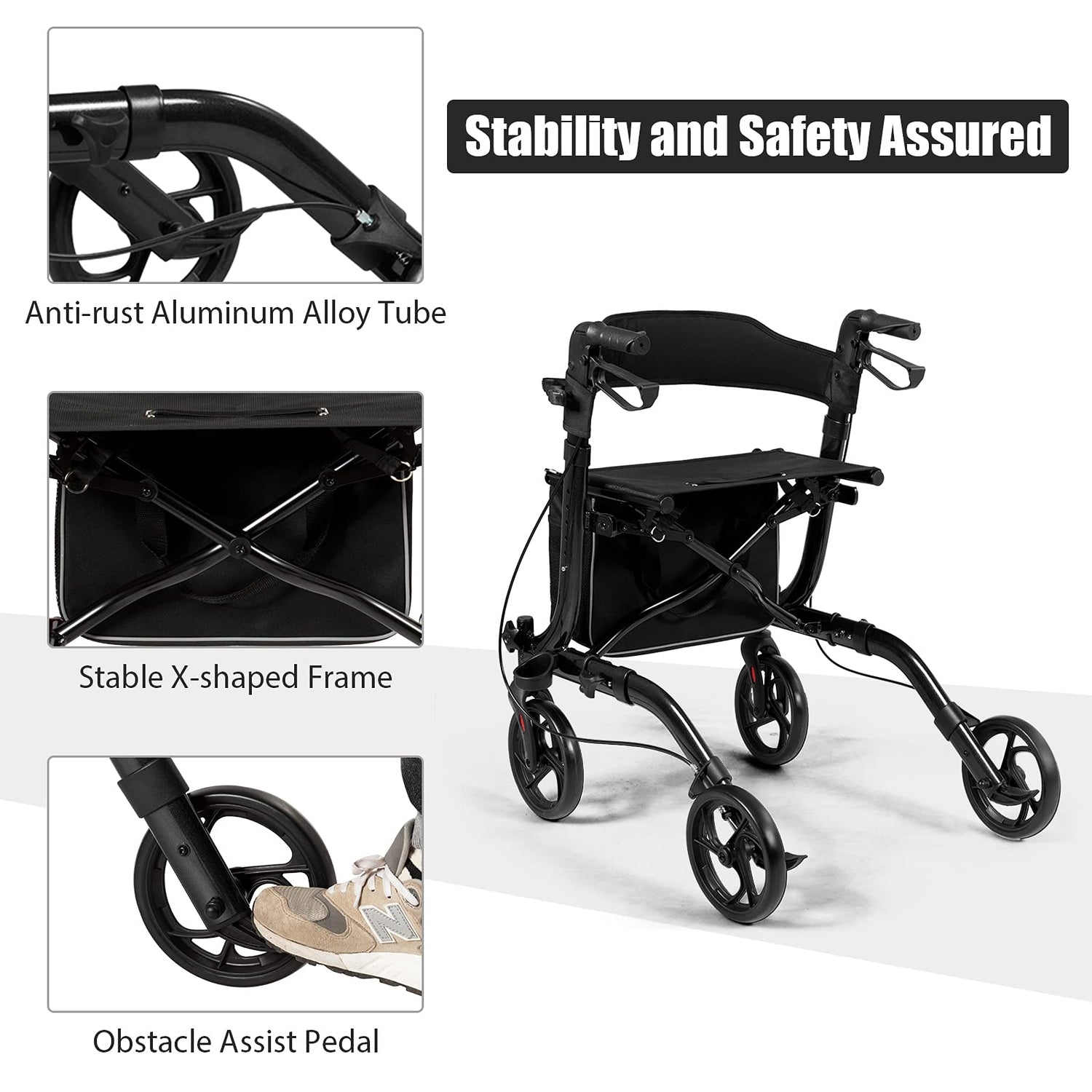 GYMAX Aluminum Walker, Foldable Four Wheels Medical Rollator with Seat & Carrying Bag