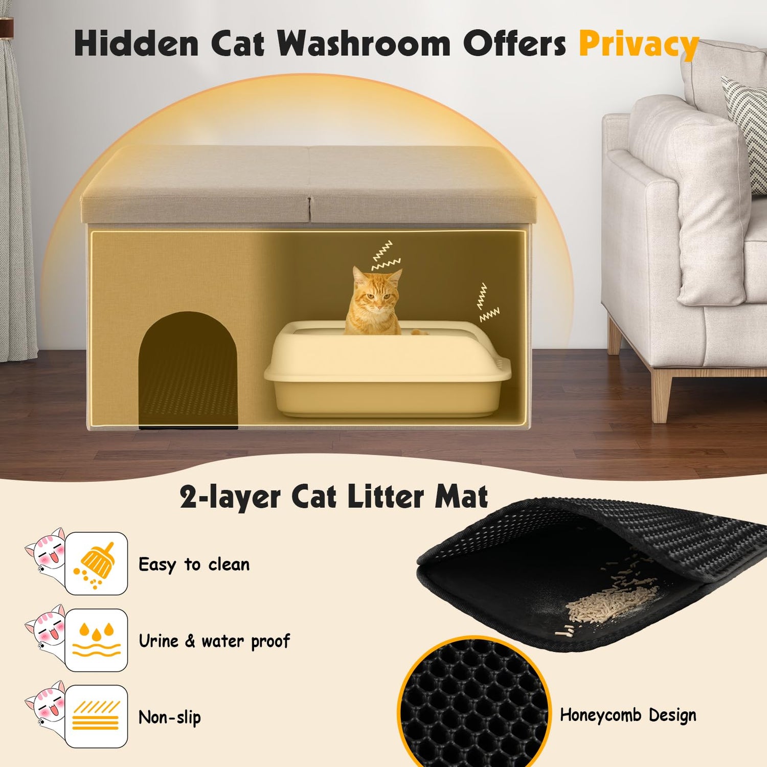 GYMAX Cat Litter Box Enclosure, Hidden Cat Washroom Bench Ottoman with Flip-up Lid