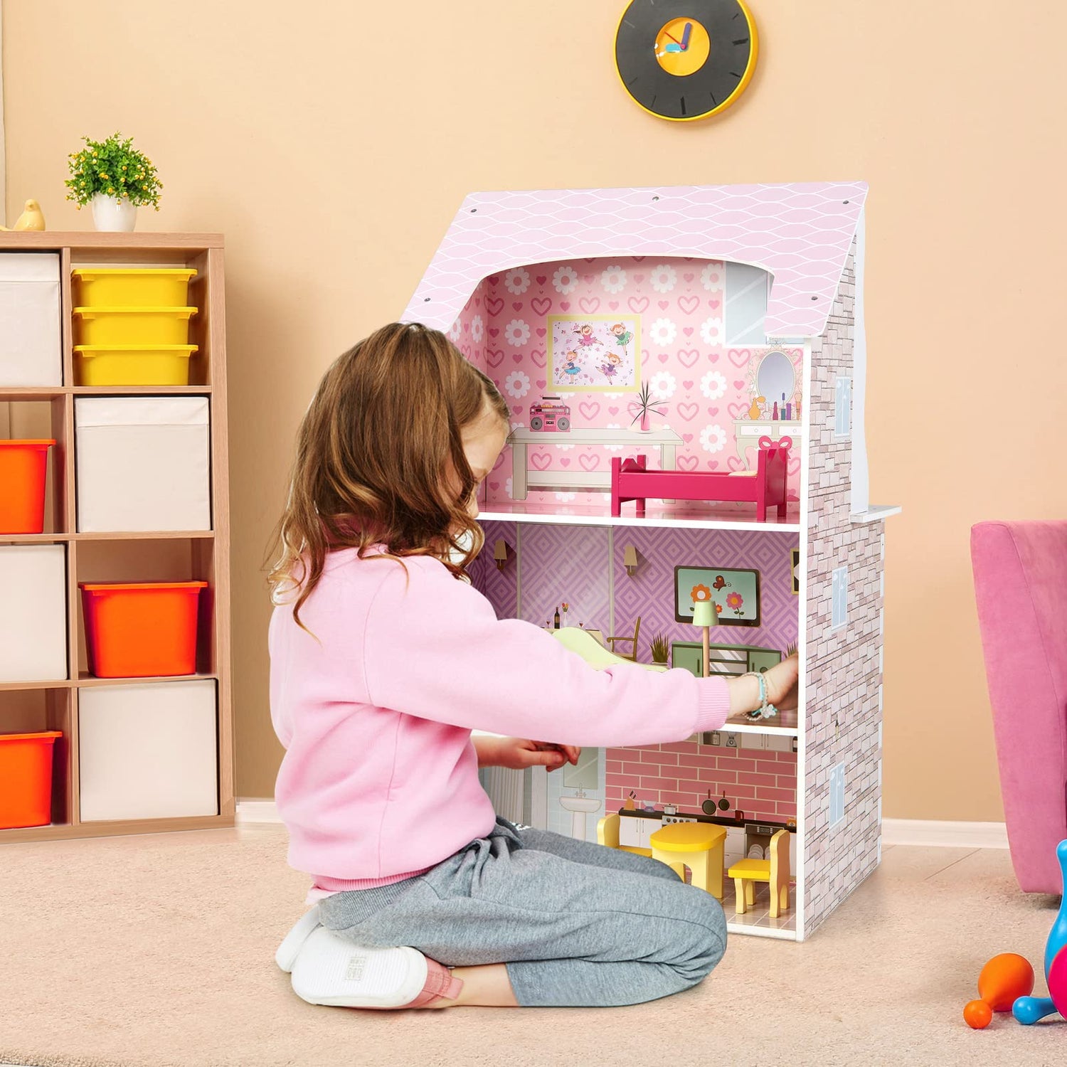 GYMAX 2 in 1 Kids Play Kitchen, Wooden Dolls House and Toy Kitchen, 3-Storey Children Dollhouse for Girls Boys(55x43x91cm,Pink)