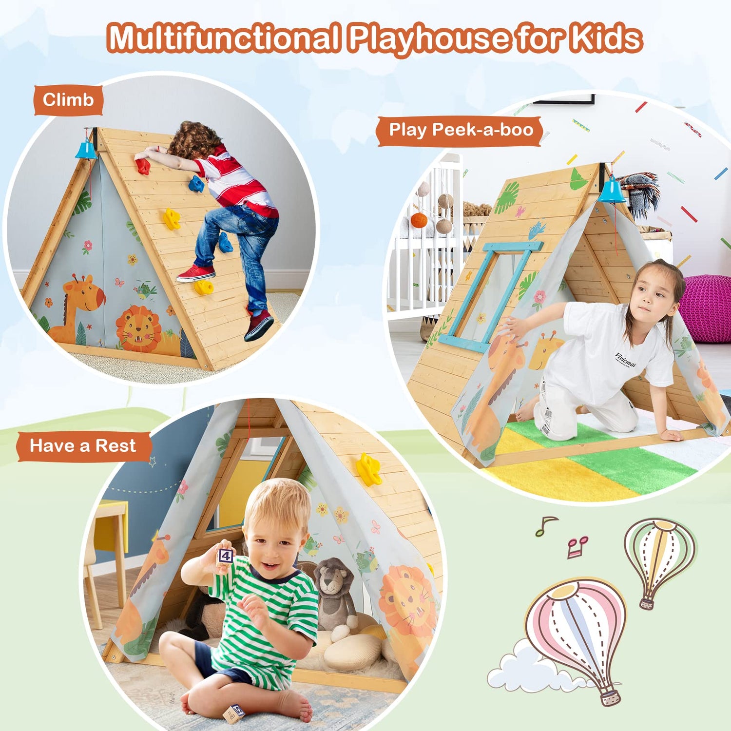 GYMAX Kids Wooden Playhouse, 2 in 1 Play Tent with Rock Climbing Wall, Ring Bell & Door Curtain