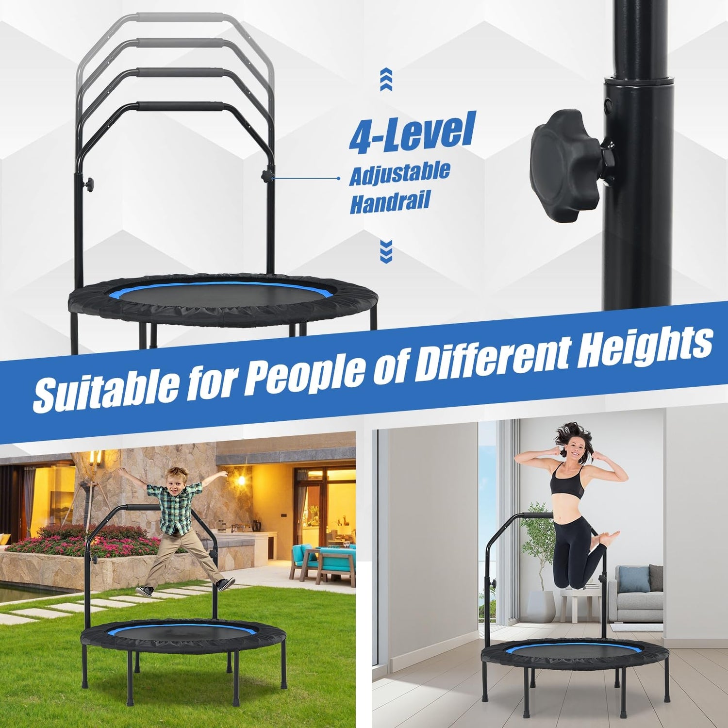 GYMAX 40" Mini Fitness Trampoline, Foldable Exercise Rebounder with 2 Resistance Bands