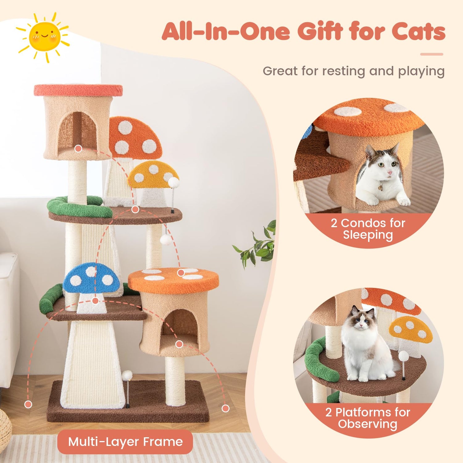 GYMAX Cat Tree, Mushroom Cat Tower, Multi-level Kitten Play Center for Living Room Bedroom (69 x 49 x 146cm)